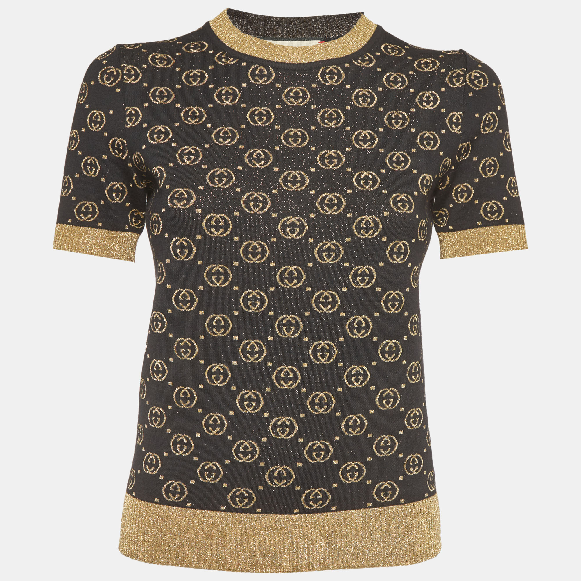 Gucci Black GG Supreme Lurex Knit Short Sleeve Lame Top XS