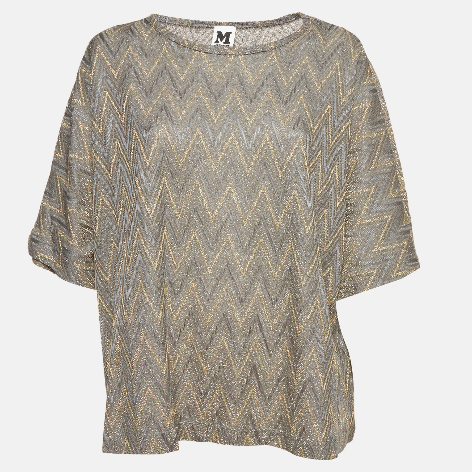 M Missoni Gold /Grey Chevron Pattern Lurex Knit Oversized Top L