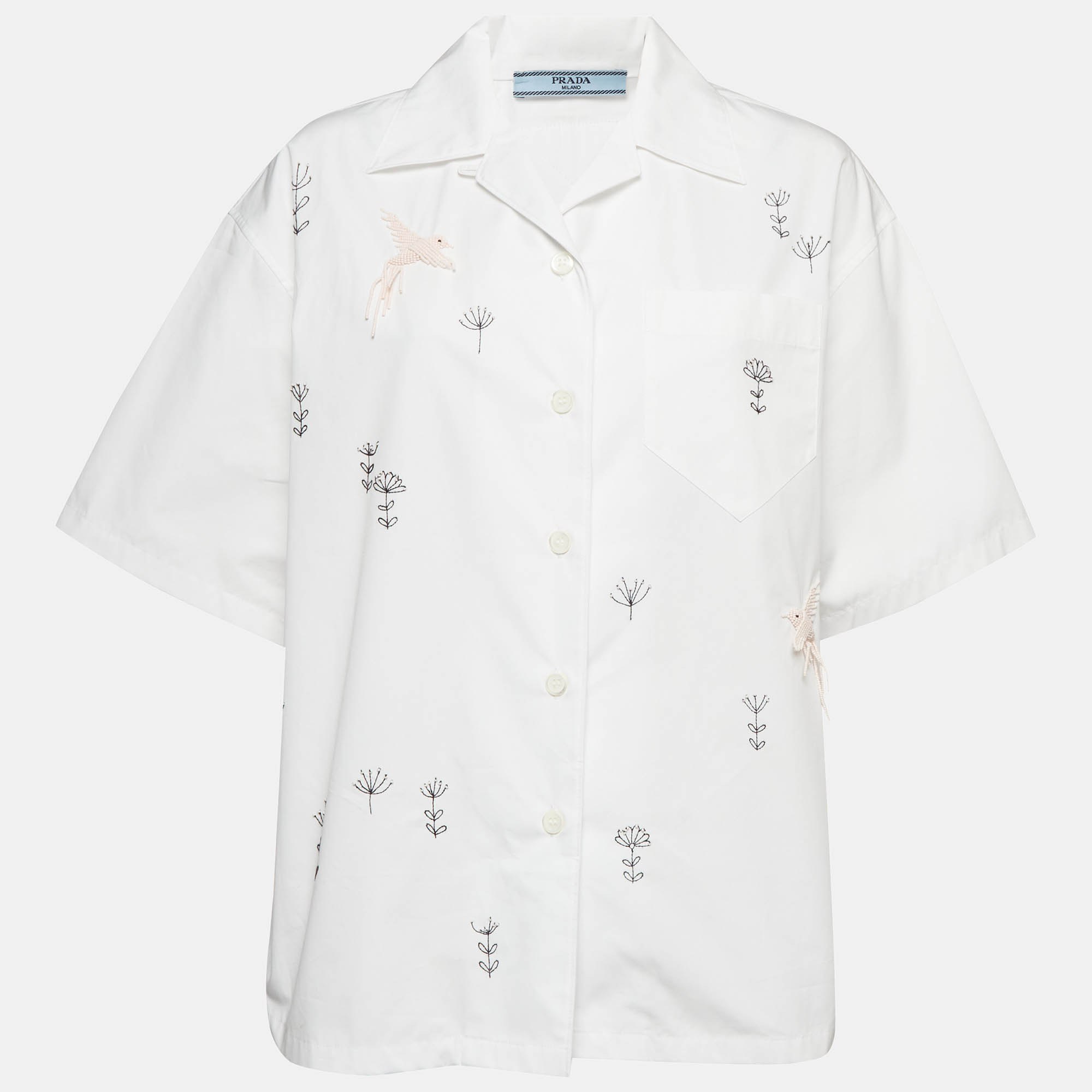 Prada White Embroidered Poplin Short Sleeve Bowling Shirt S