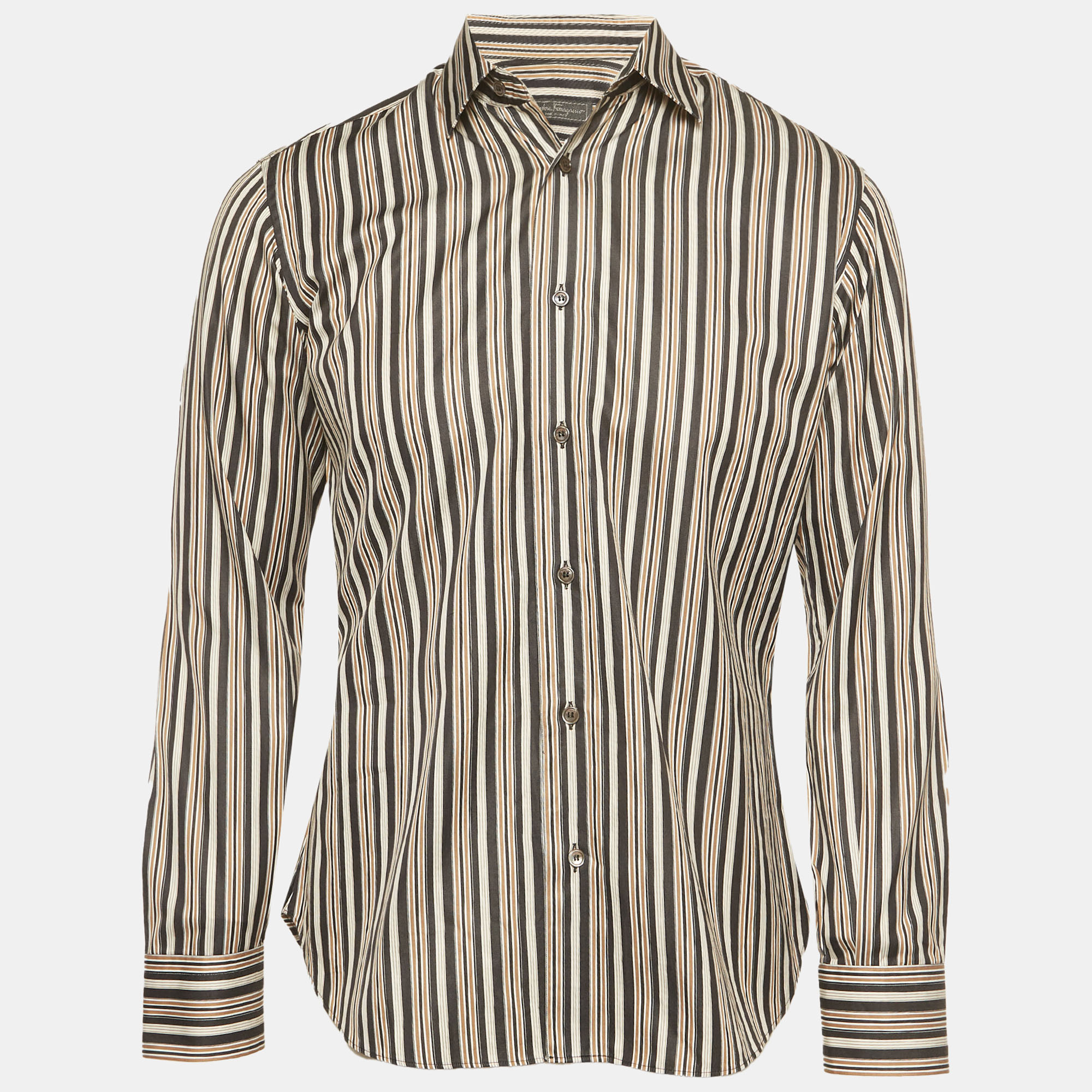 Salvatore Ferragamo Black/Beige Striped Cotton Button Down Shirt S
