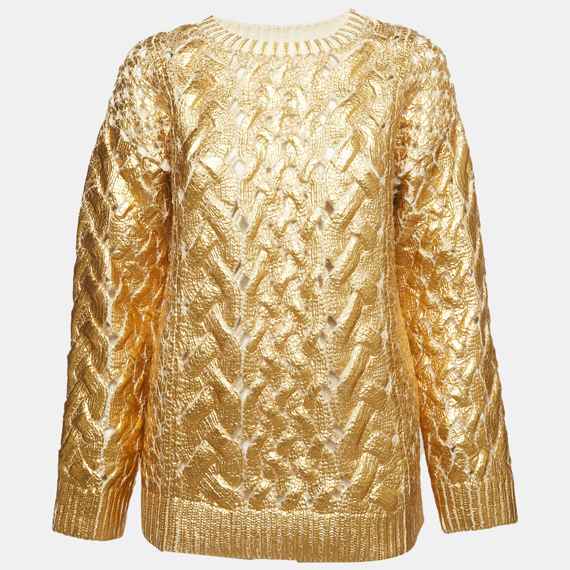 Valentino Coated Metallic Cable Knit Crewneck Sweater XS