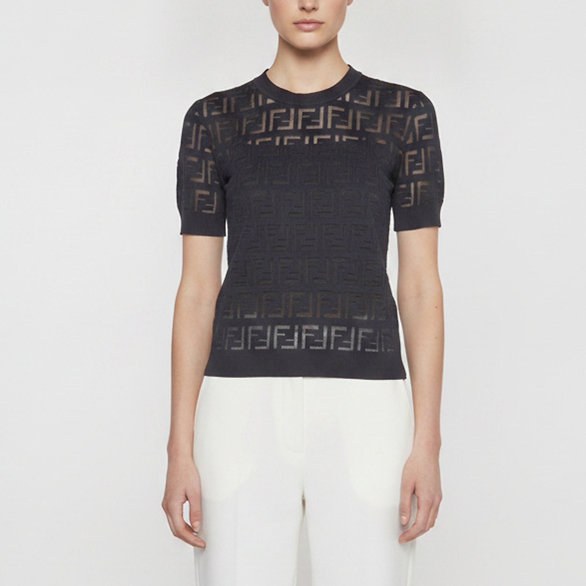 Fendi Navy Blue/ Black Zucca Jacquard Short-Sleeve Top S