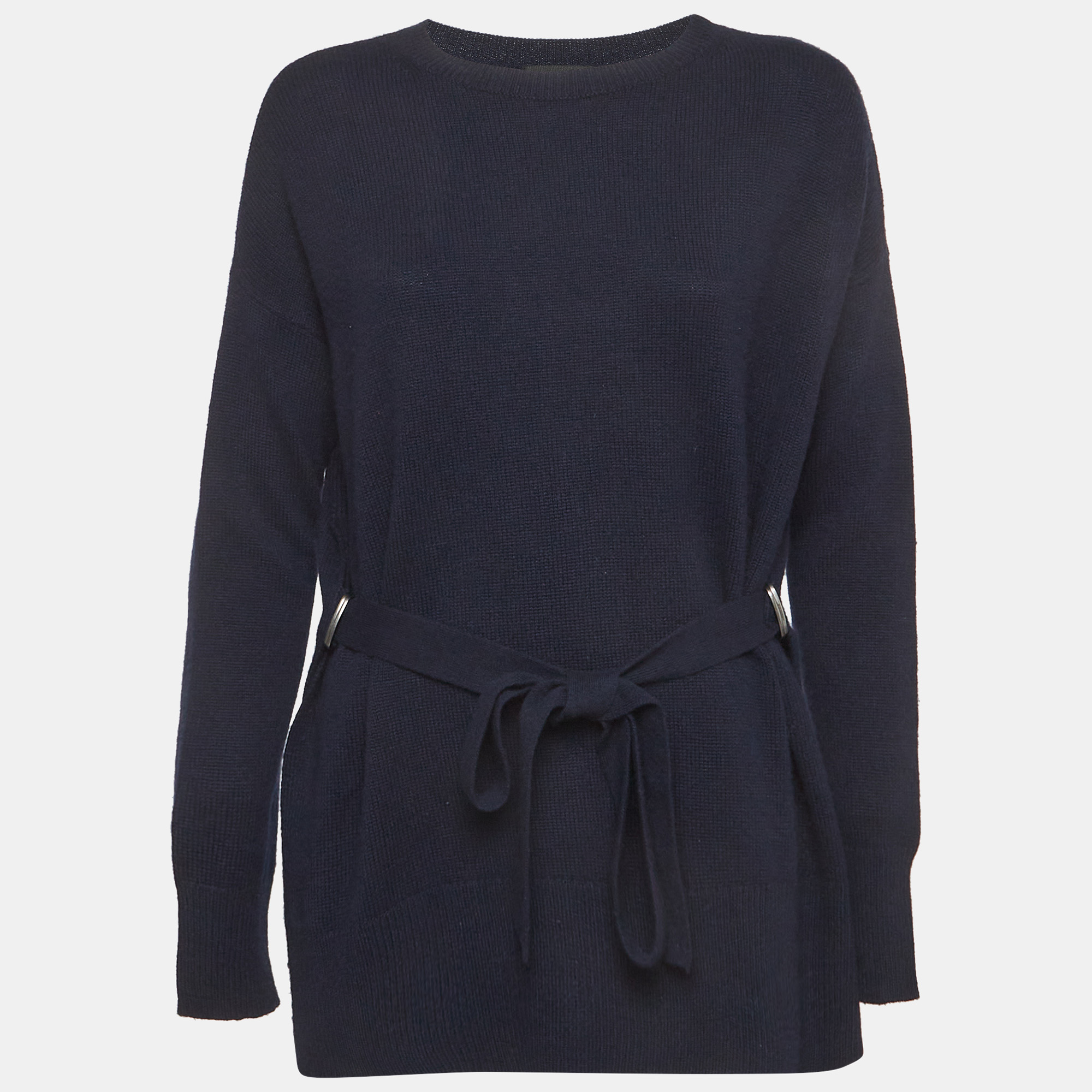 Theory Navy Blue Cashmere Self-Tie Belt Crewneck Sweater S