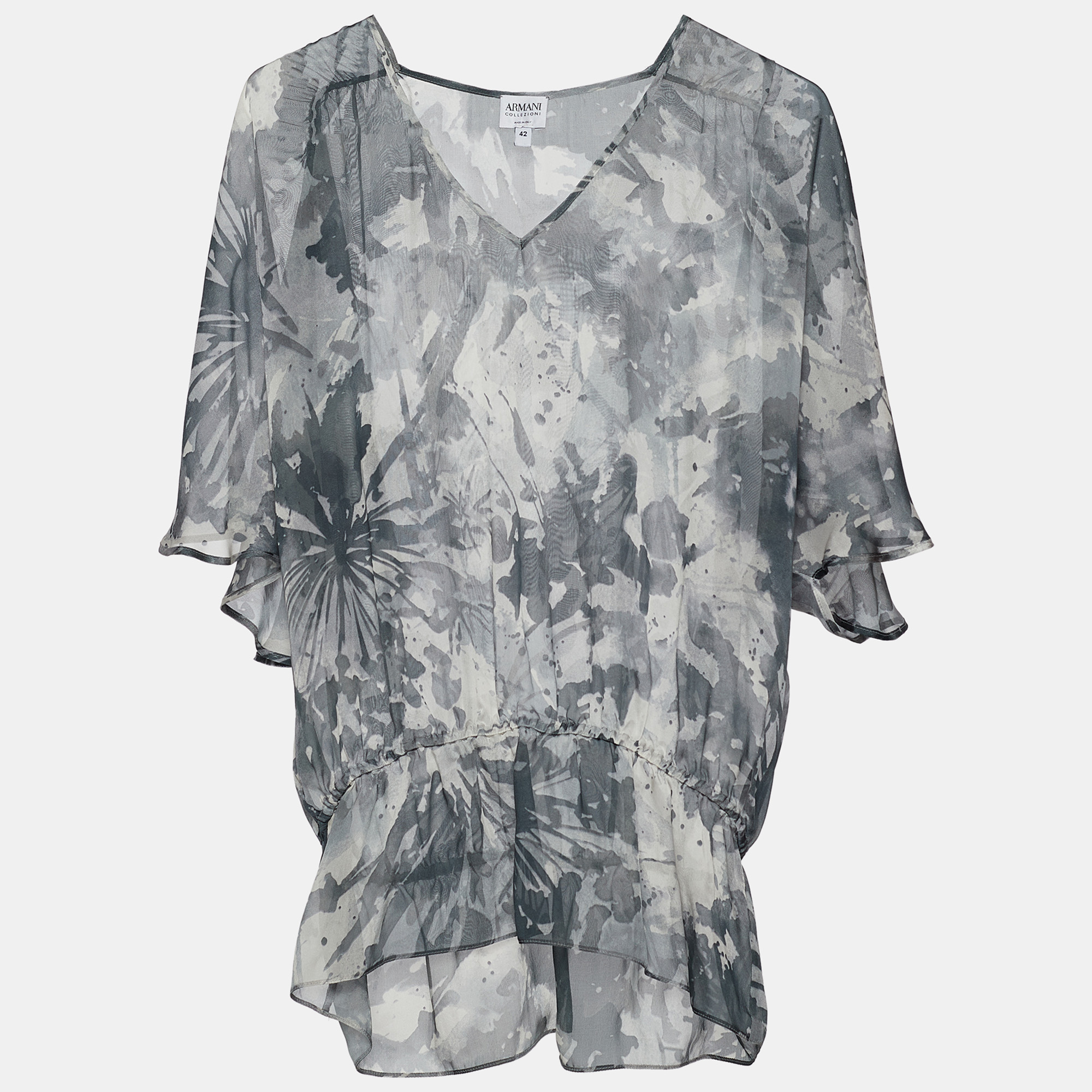 Armani Collezioni Grey Abstract Print Silk Sheer Blouse M