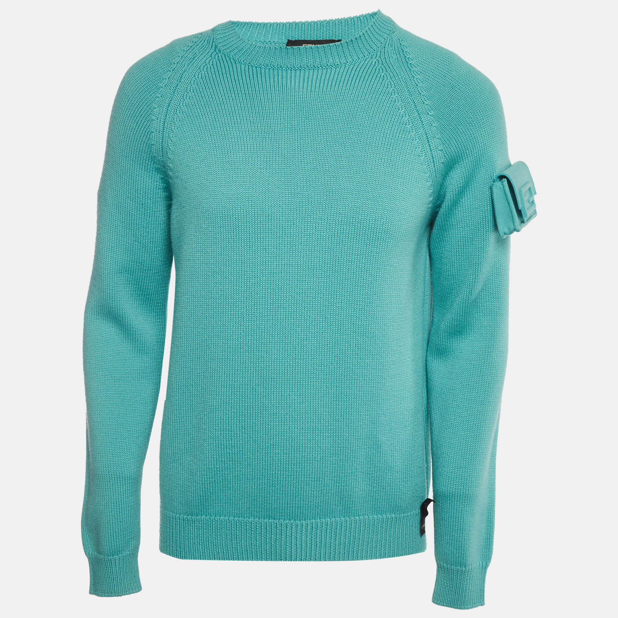 Fendi Turquoise Wool Knit Baguette Pocket Crewneck Pullover M