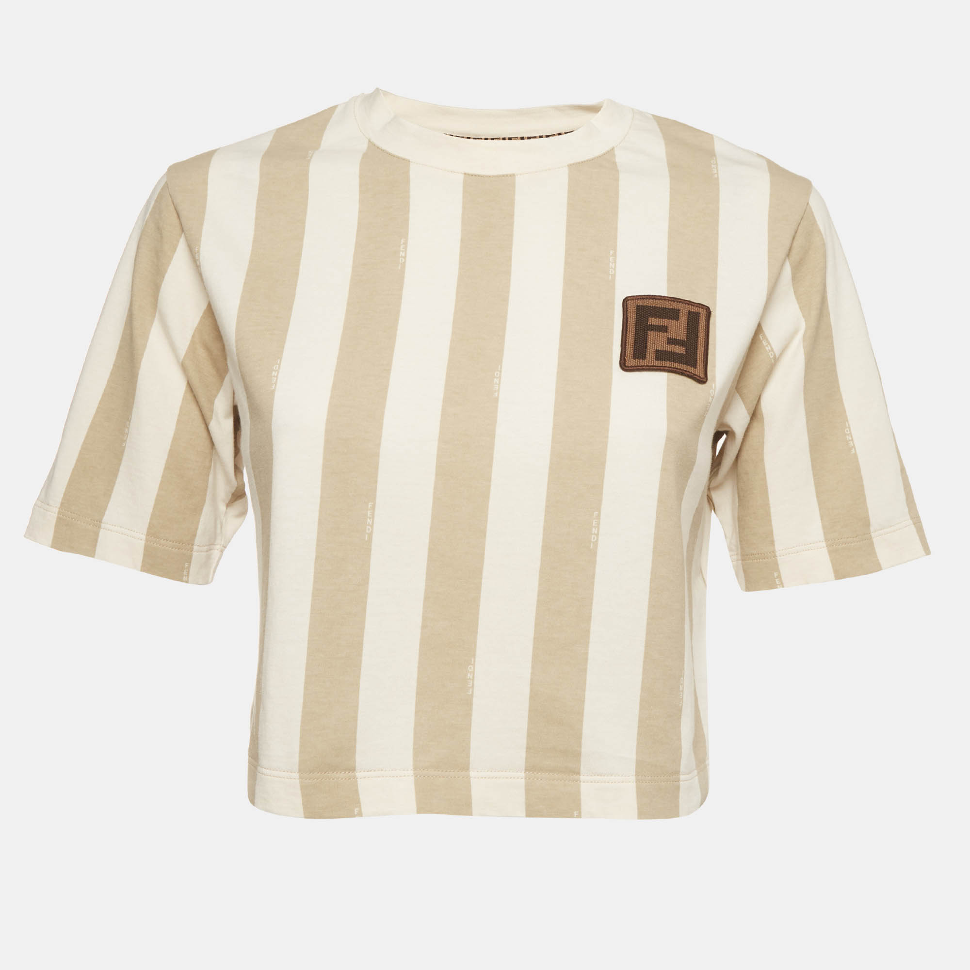 Fendi Beige Stripe Cotton Logo Patch Crewneck Crop Top XS
