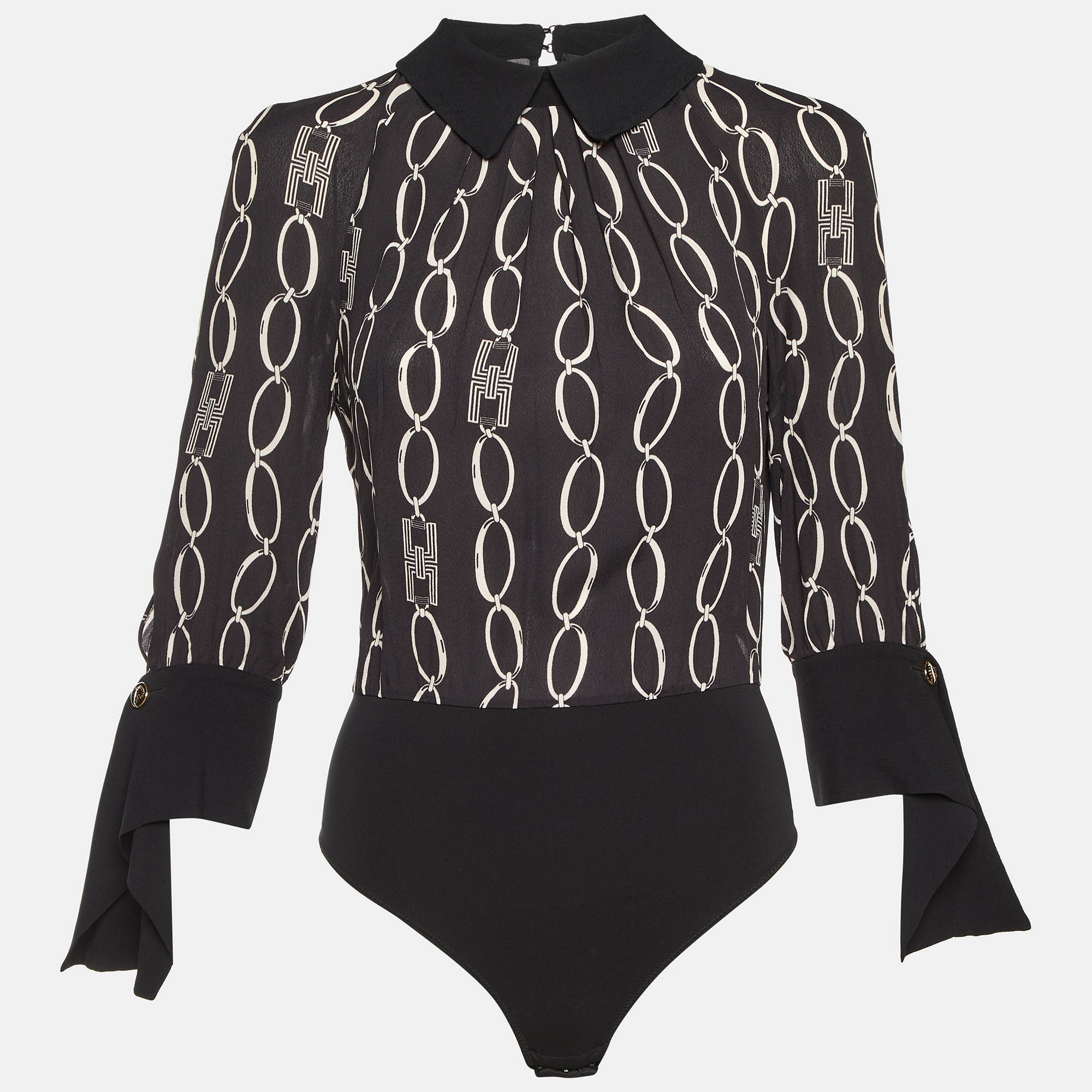 Elisabetta Franchi Black Logo Chain Print Crepe Long Sleeve Bodysuit M