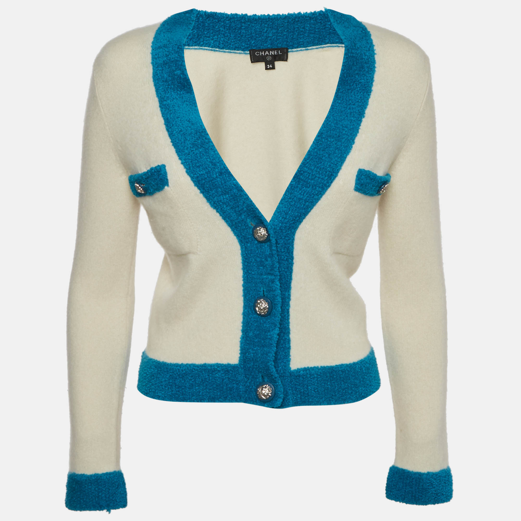 Chanel Cream/Blue Knit Button Front Cardigan S