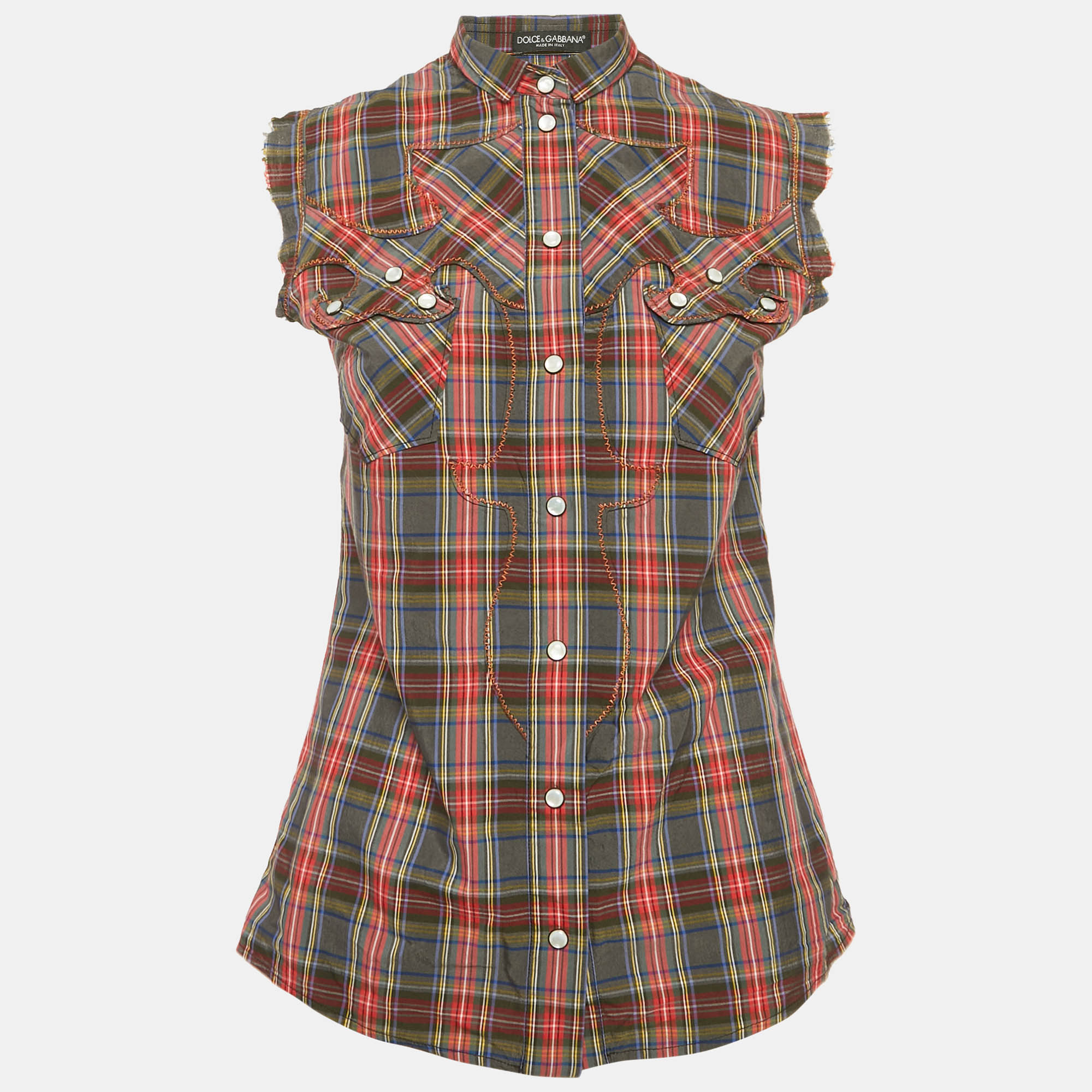 Dolce & Gabbana Grey/Red Plaid Cotton Pearl Snap Button Detail Sleeveless Shirt S