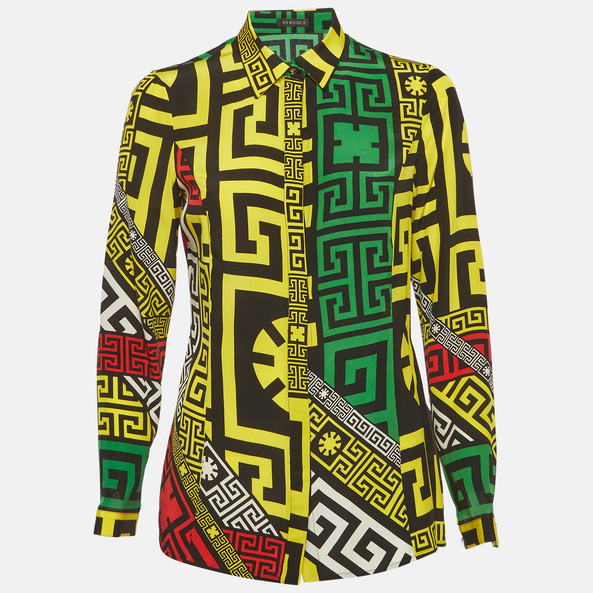 Versace Multicolour Geometric Greek Print Silk Long Sleeve Shirt S