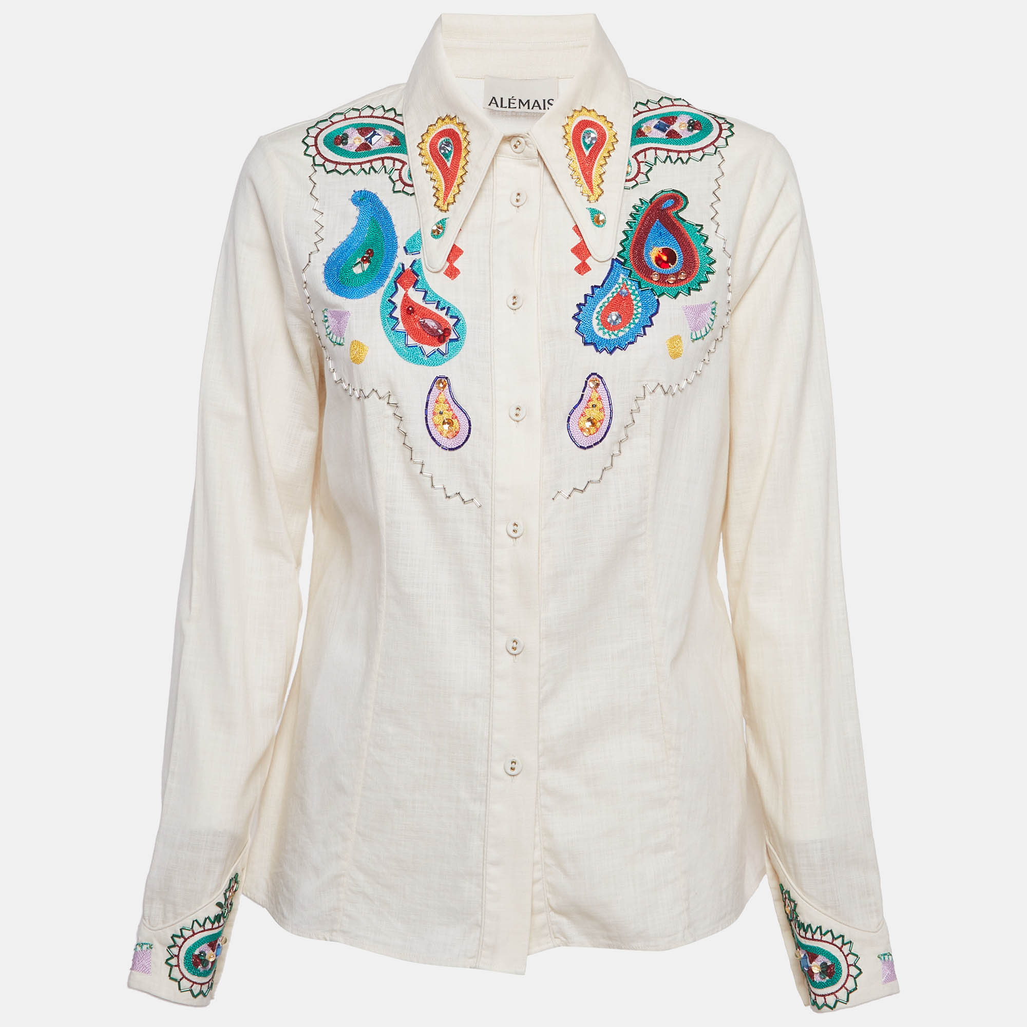 Alemais Cream Linen Embroidered Long Sleeve Shirt M
