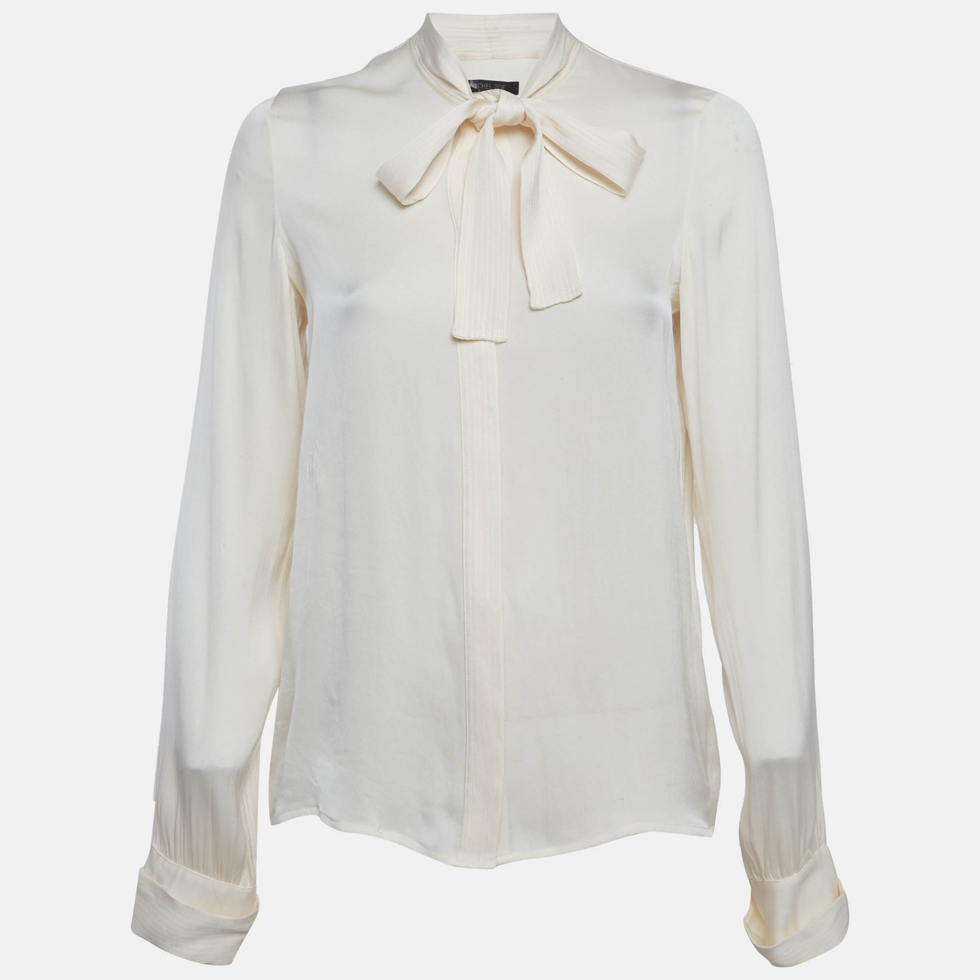 Rachel Zoe Cream Silk Blend Tie Collar Blouse S