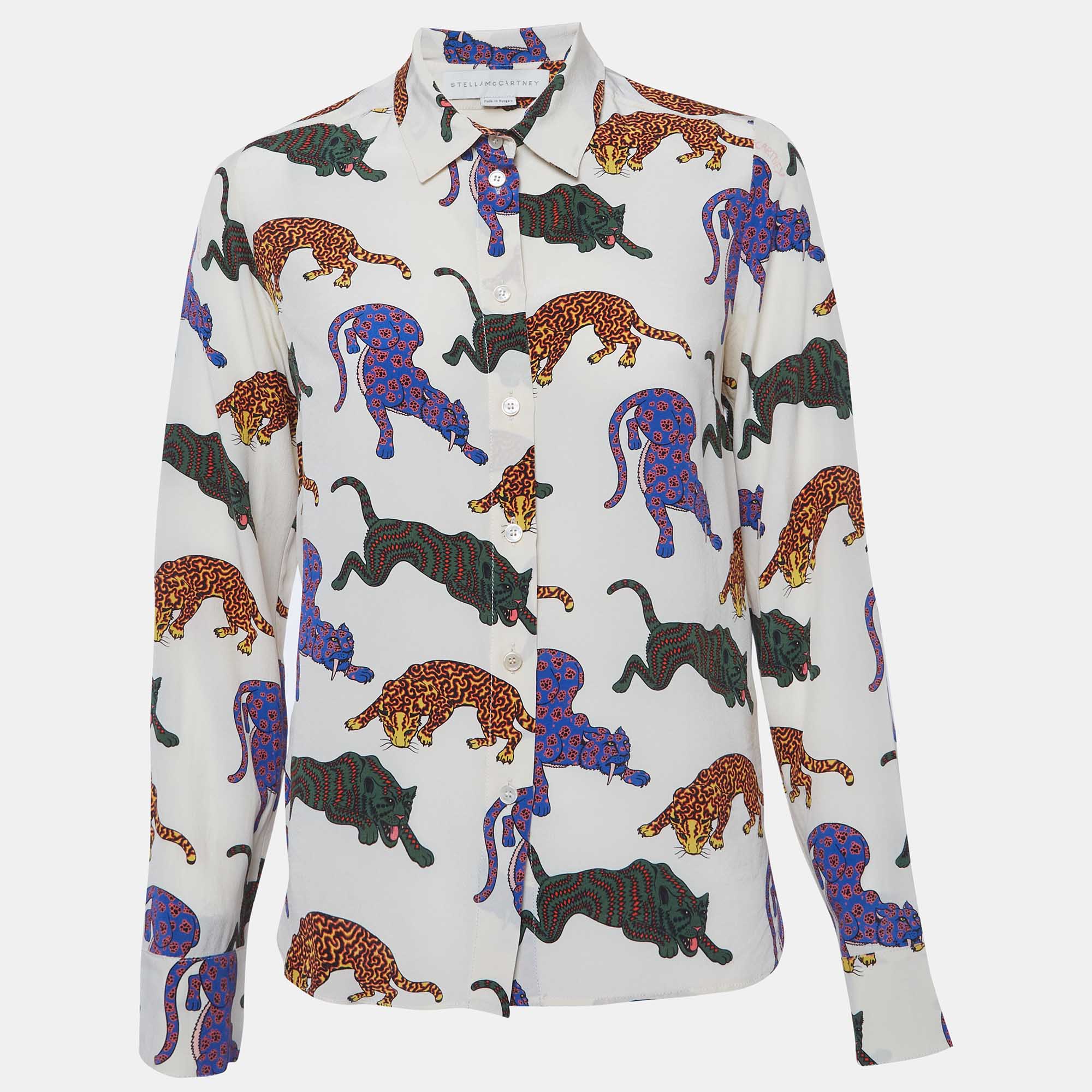 Stella McCartney Cream Cat Print Silk Long Sleeve Shirt S