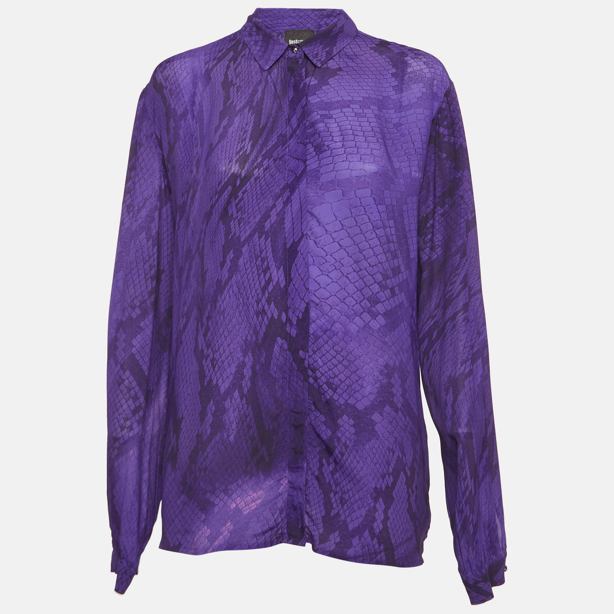 Just Cavalli Purple Snakeskin Print Crepe Shirt M