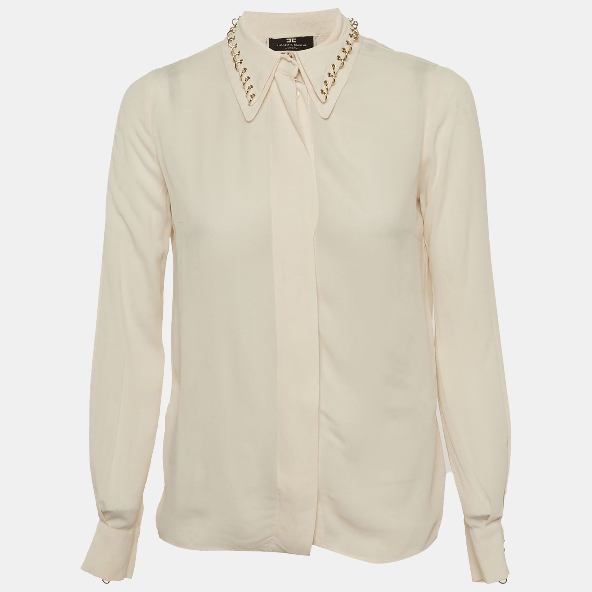 Elisabetta Franchi Beige Crepe Studded Collar Shirt S
