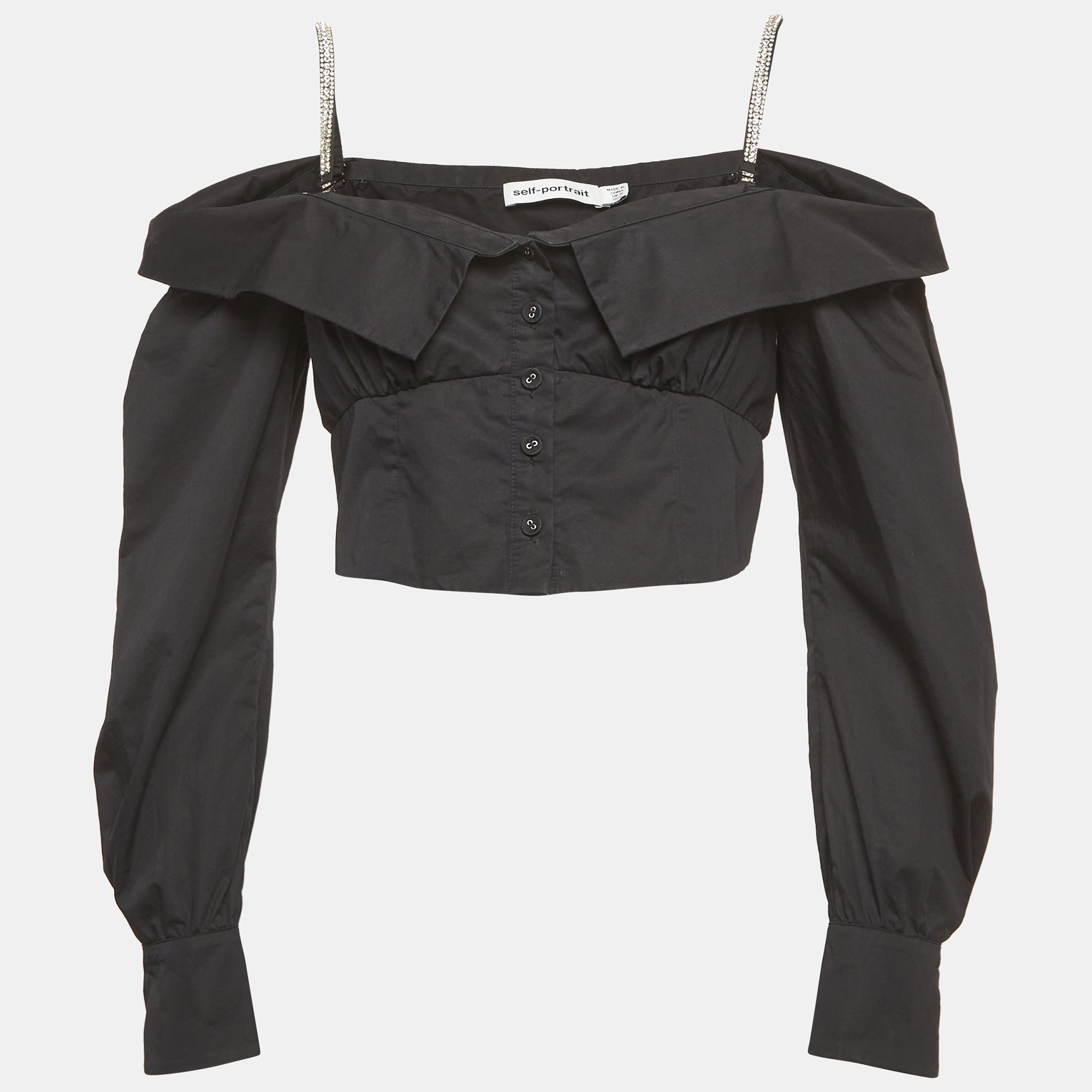 Self-Portrait Black Cotton Embellished Off Shoulder Crop Top M