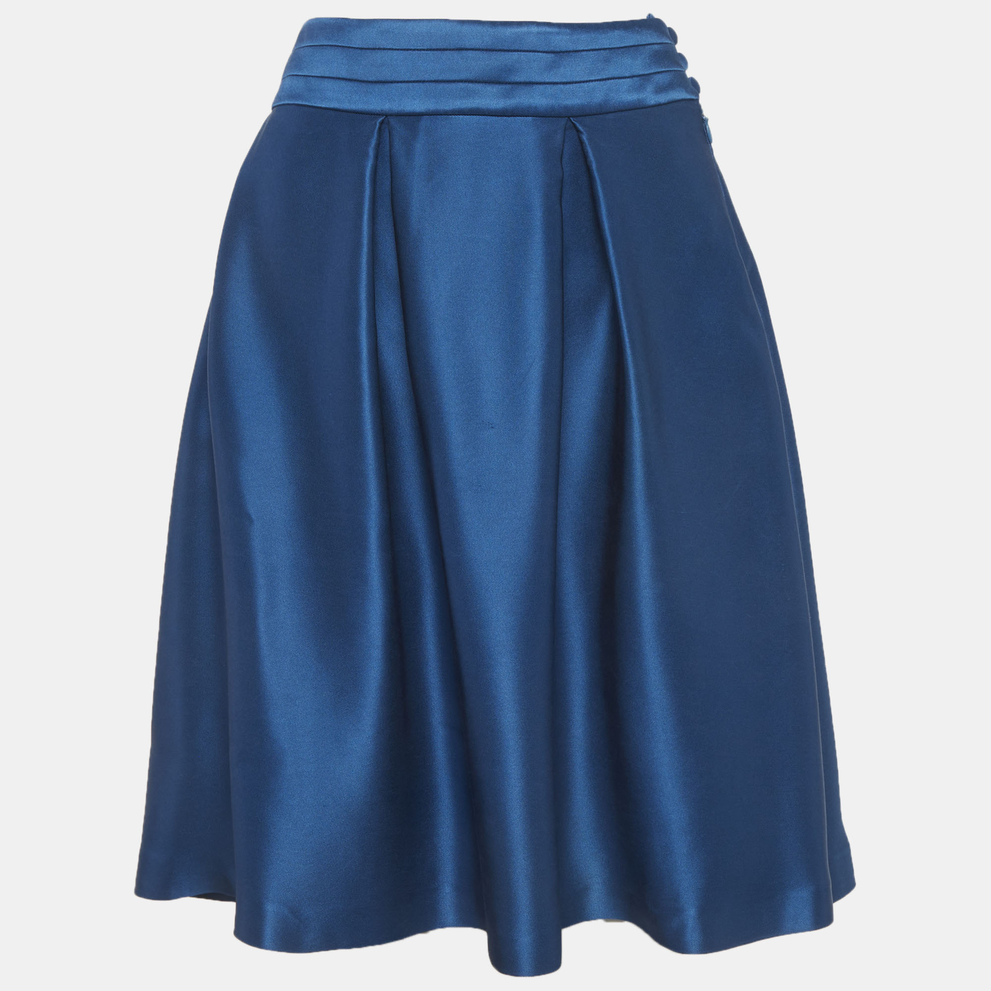 Celine Teal Blue Satin Pleated Mini Skirt M