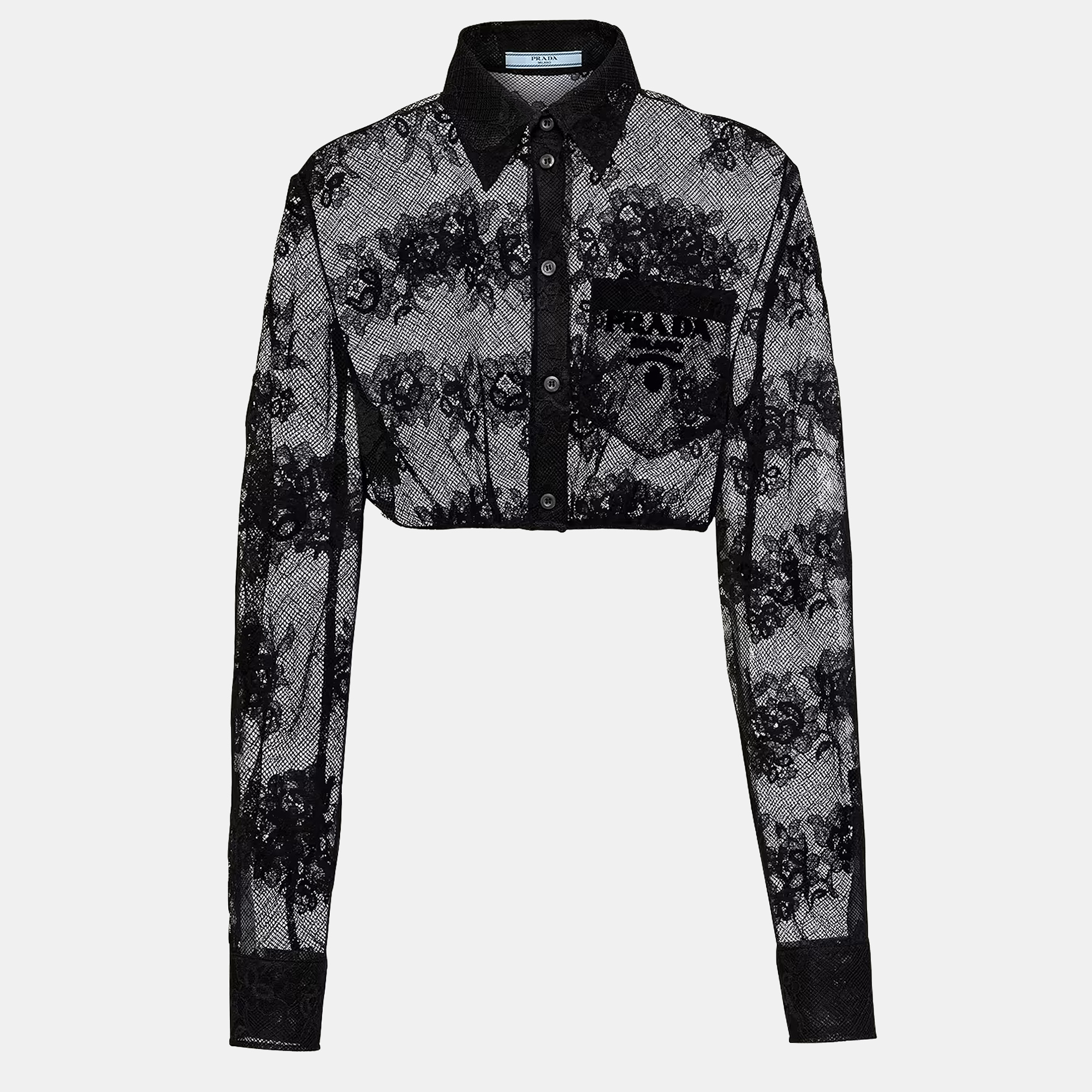 Prada Black Floral Lace Sheer Buttoned Crop Top S