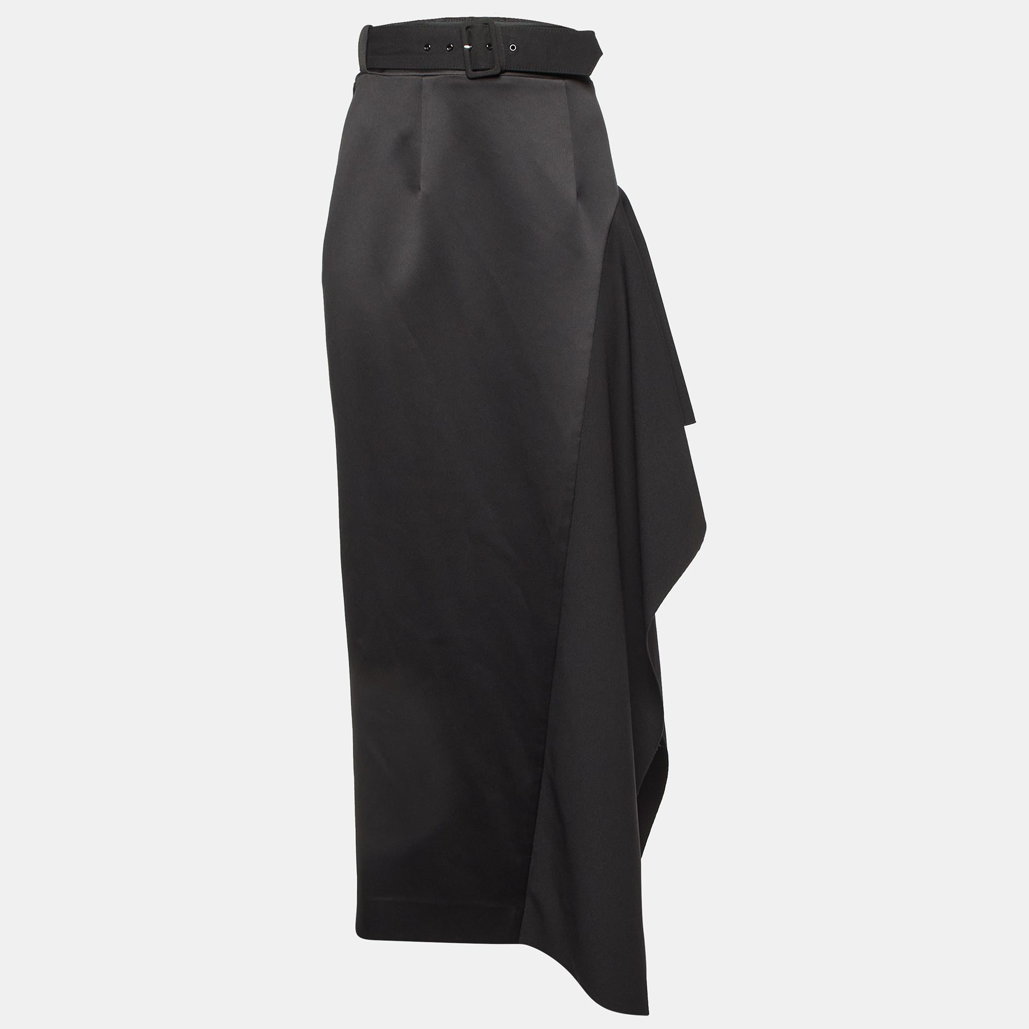 Solace London Black Crepe & Satin Kaya Draped Maxi Skirt M