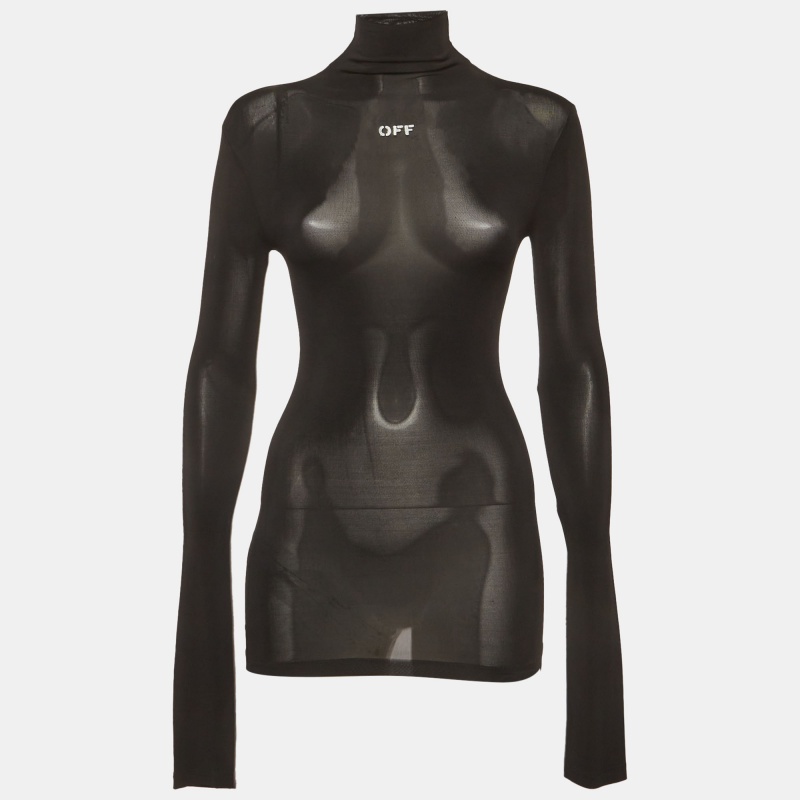 Off-White Black Logo Print Jersey Turtleneck Top XXS
