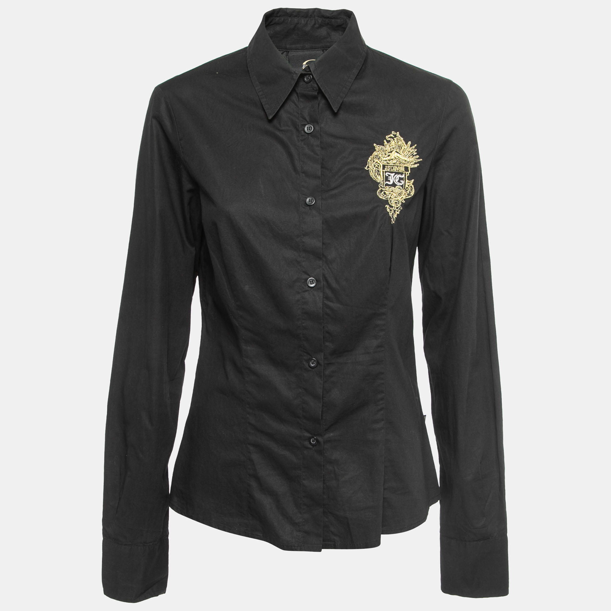 Just Cavalli Black Cotton Logo Crest Embroidered Shirt M