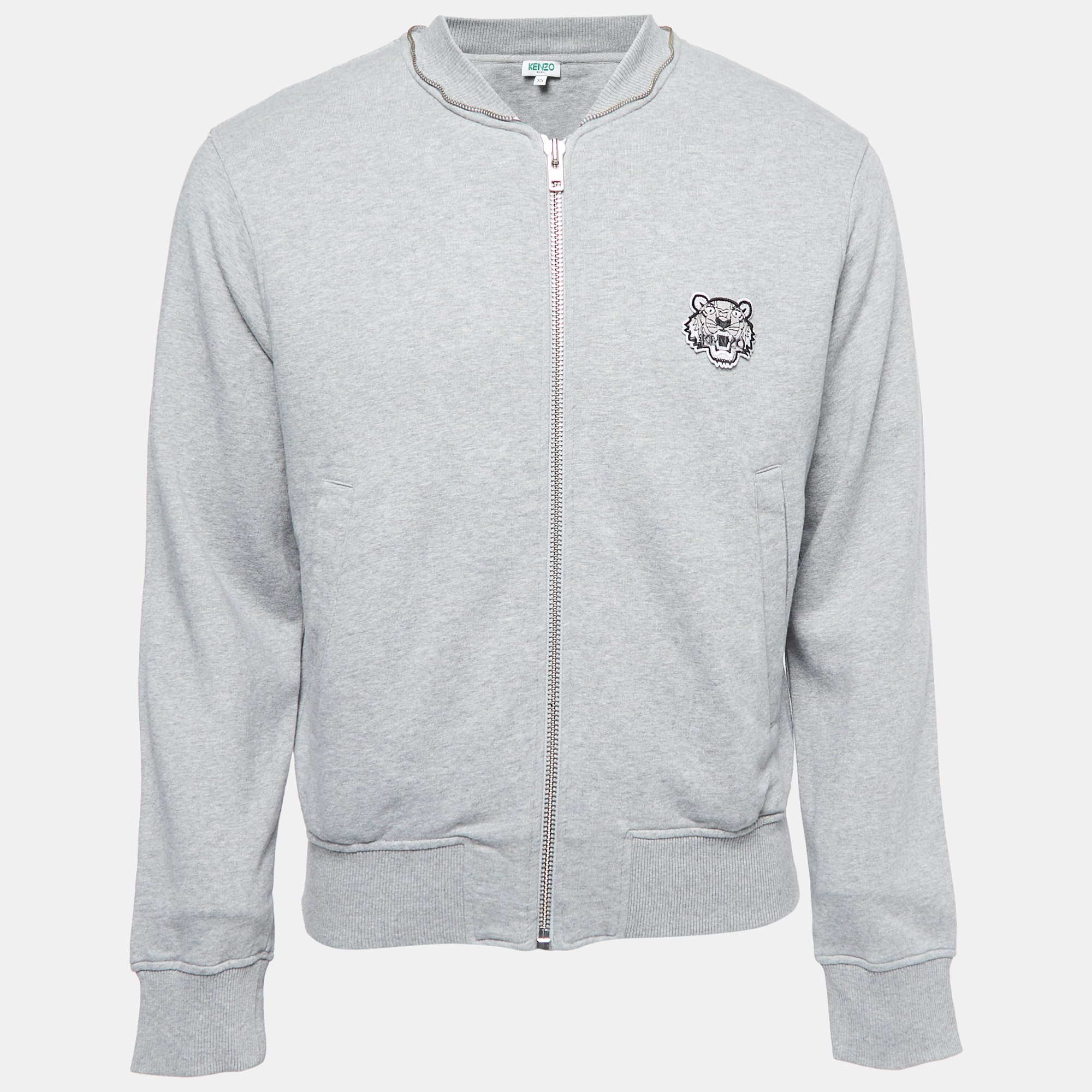 Kenzo Grey Logo Patch Cotton Zip Front Hooded Jacket XS