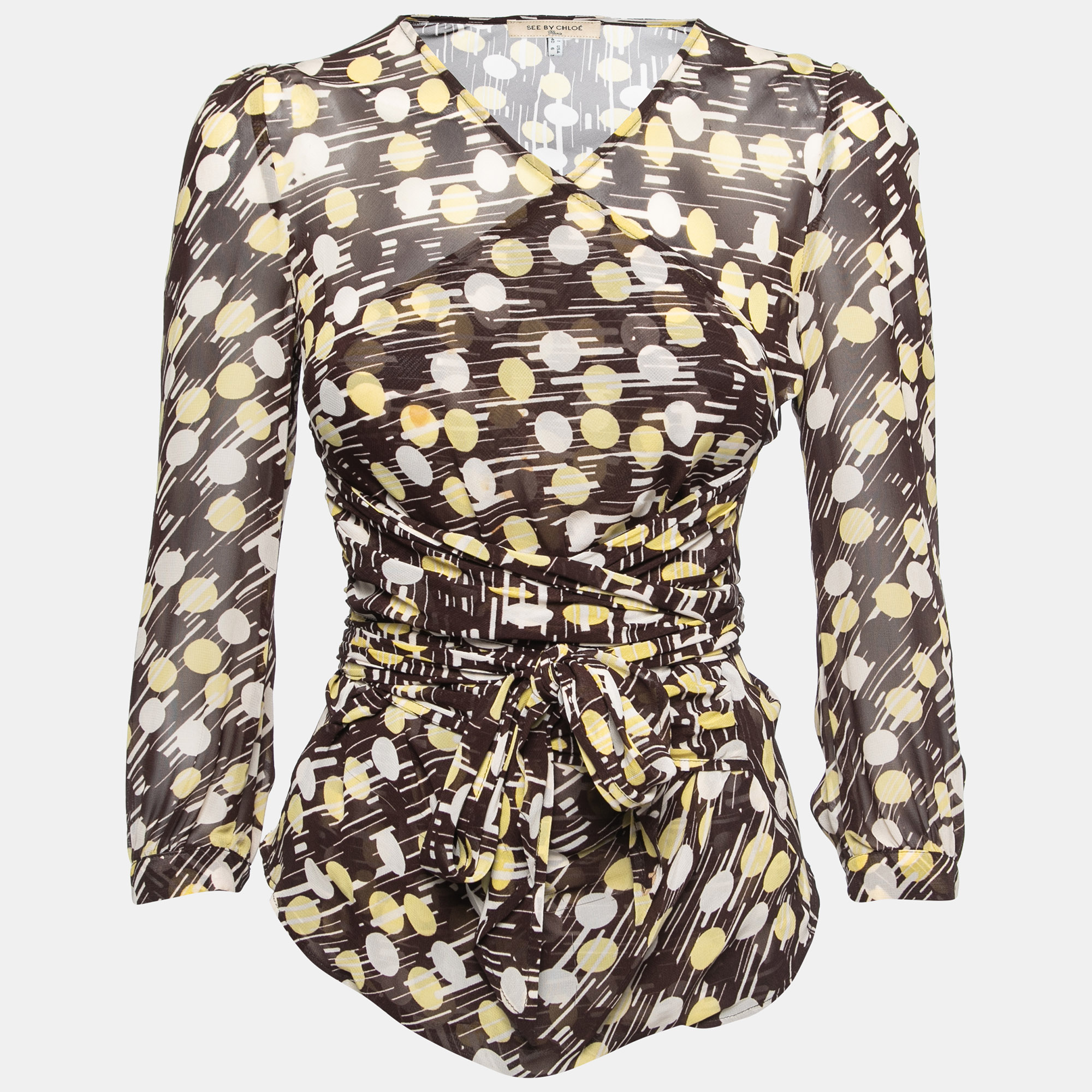 See by Chloe Brown Printed Georgette Tie Detail Top S