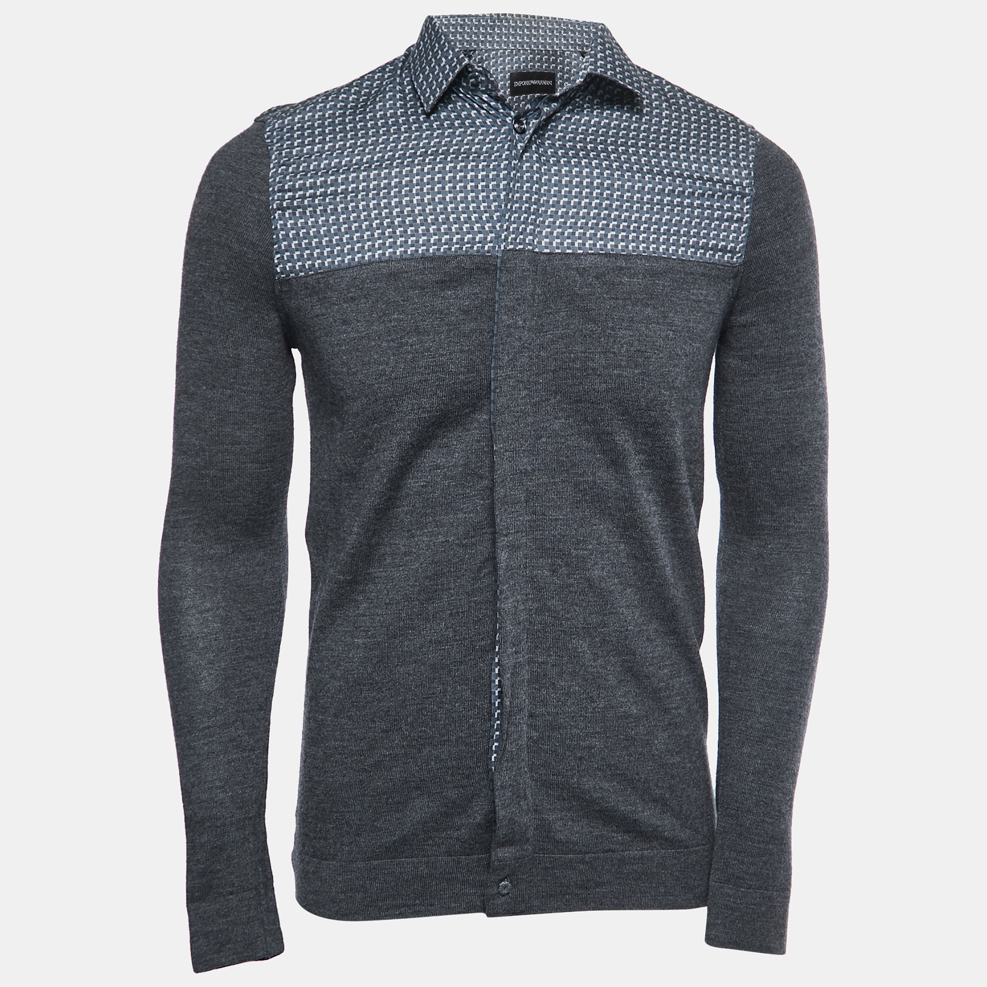 Emporio Armani Grey Patterned Cotton and Wool Knit Full Sleeve Shirt S