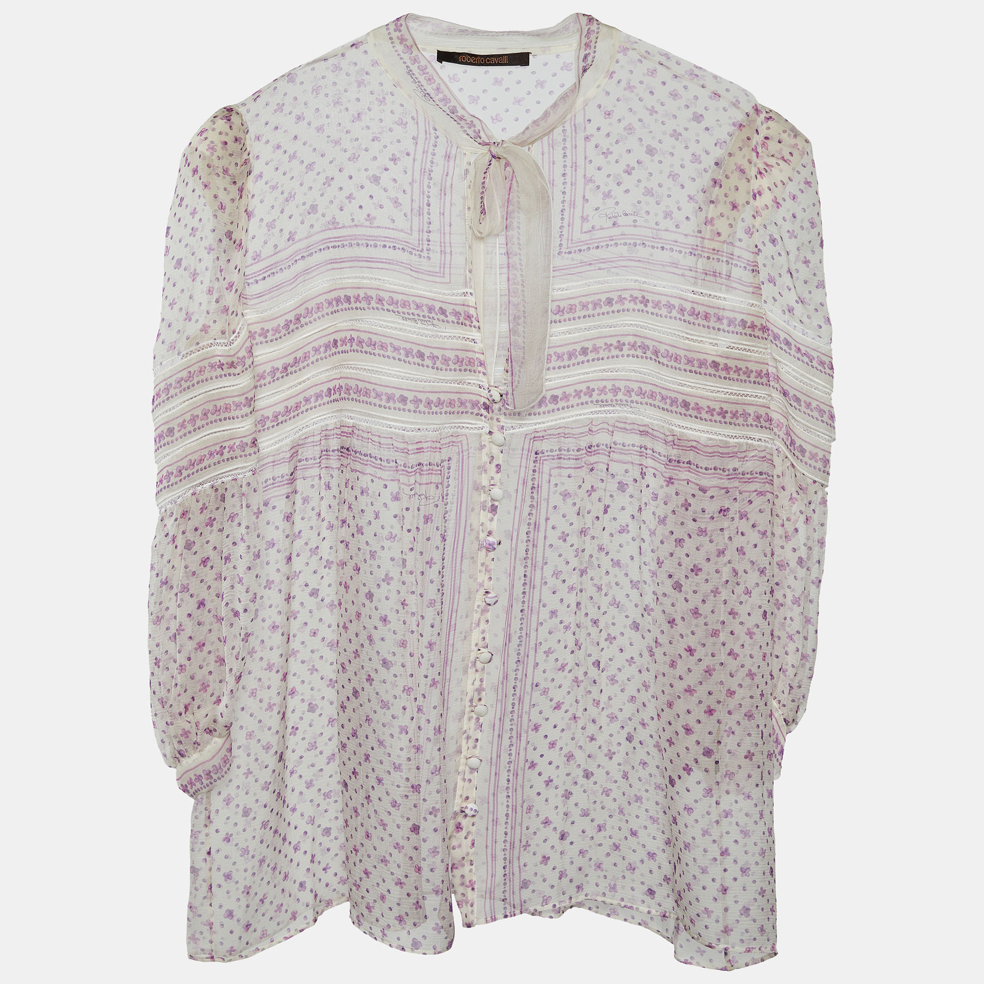 Roberto Cavalli White Floral Printed Silk Top M