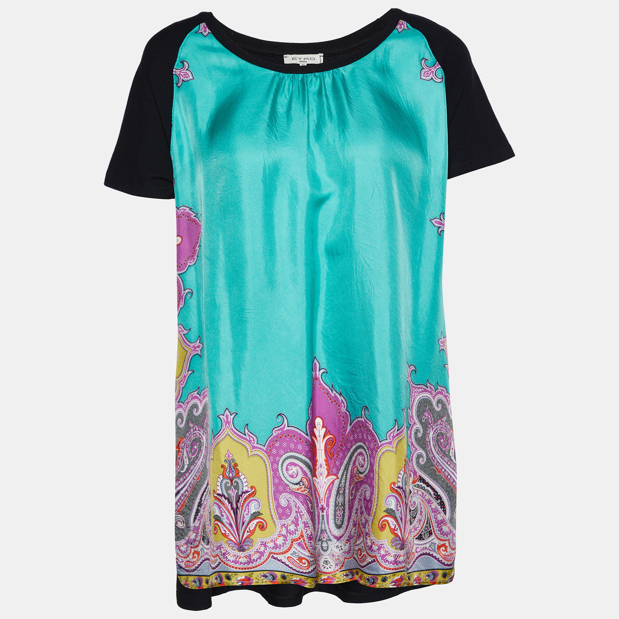 Etro Black Cotton Knit & Printed Silk Top L