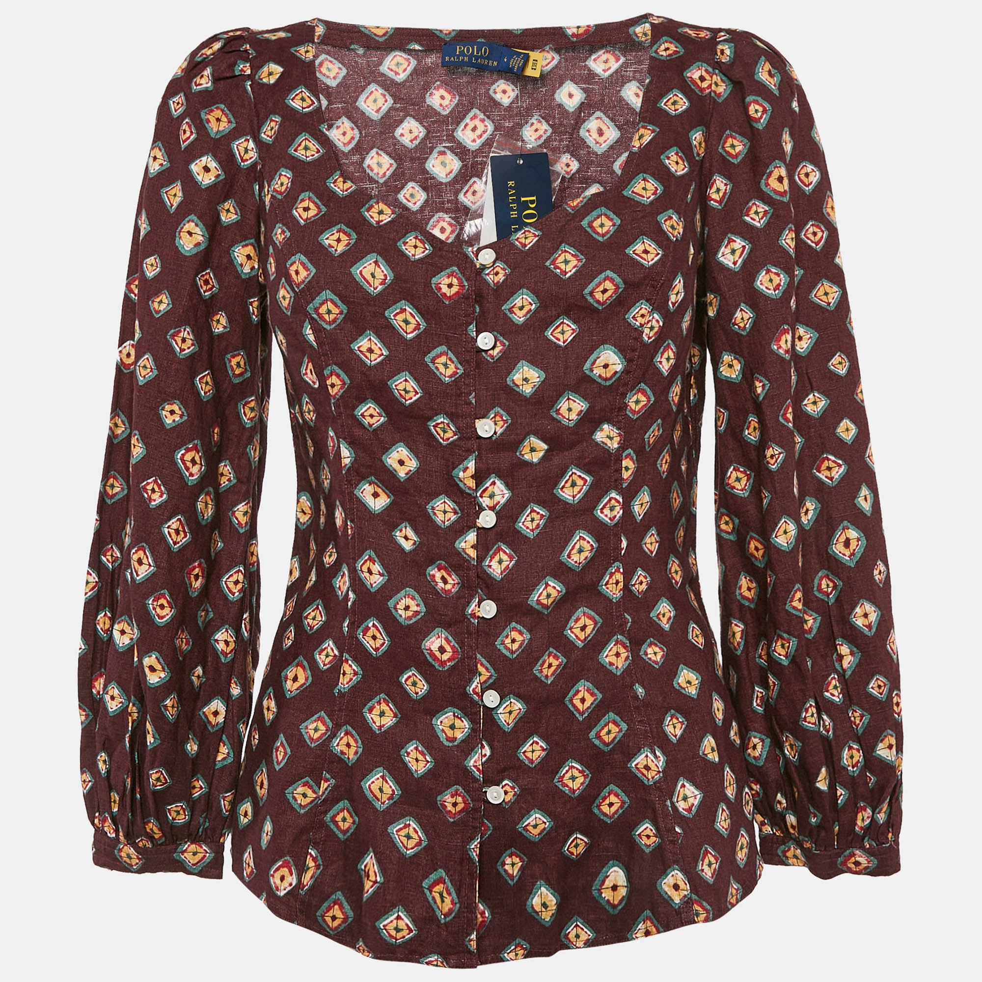 Polo Ralph Lauren Burgundy Printed Linen Blouse S Stella McCartney