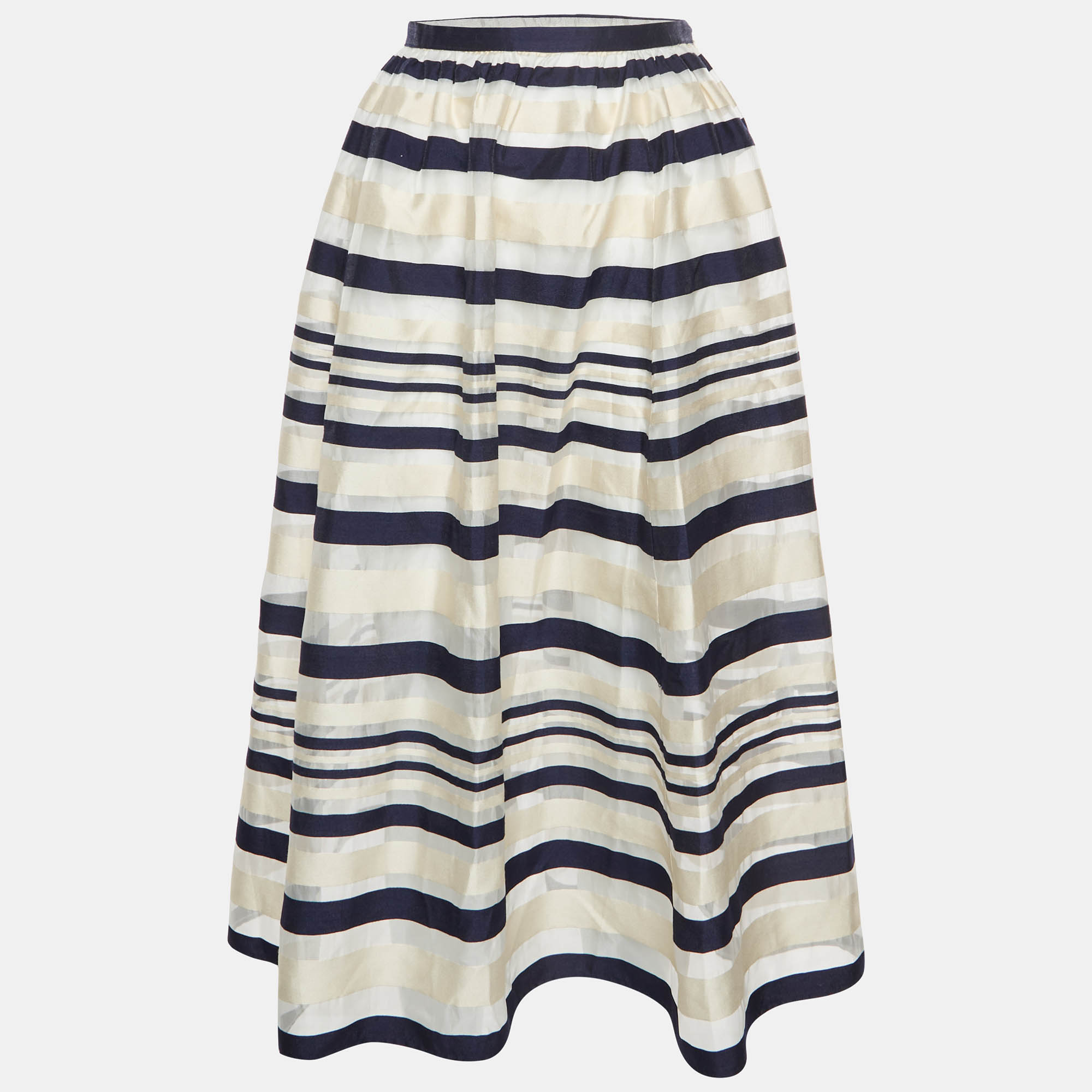 Elisabetta Franchi Beige/Navy Blue Striped Organza Midi Skirt M