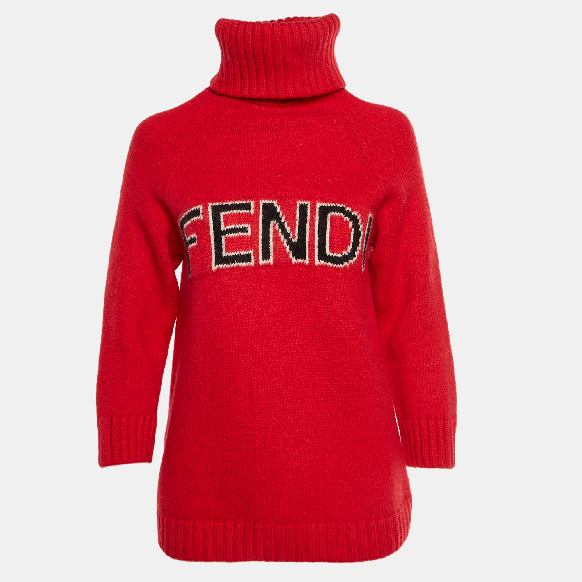 Fendi Red Logo Intarsia Wool Knit Turtle Neck Sweater M