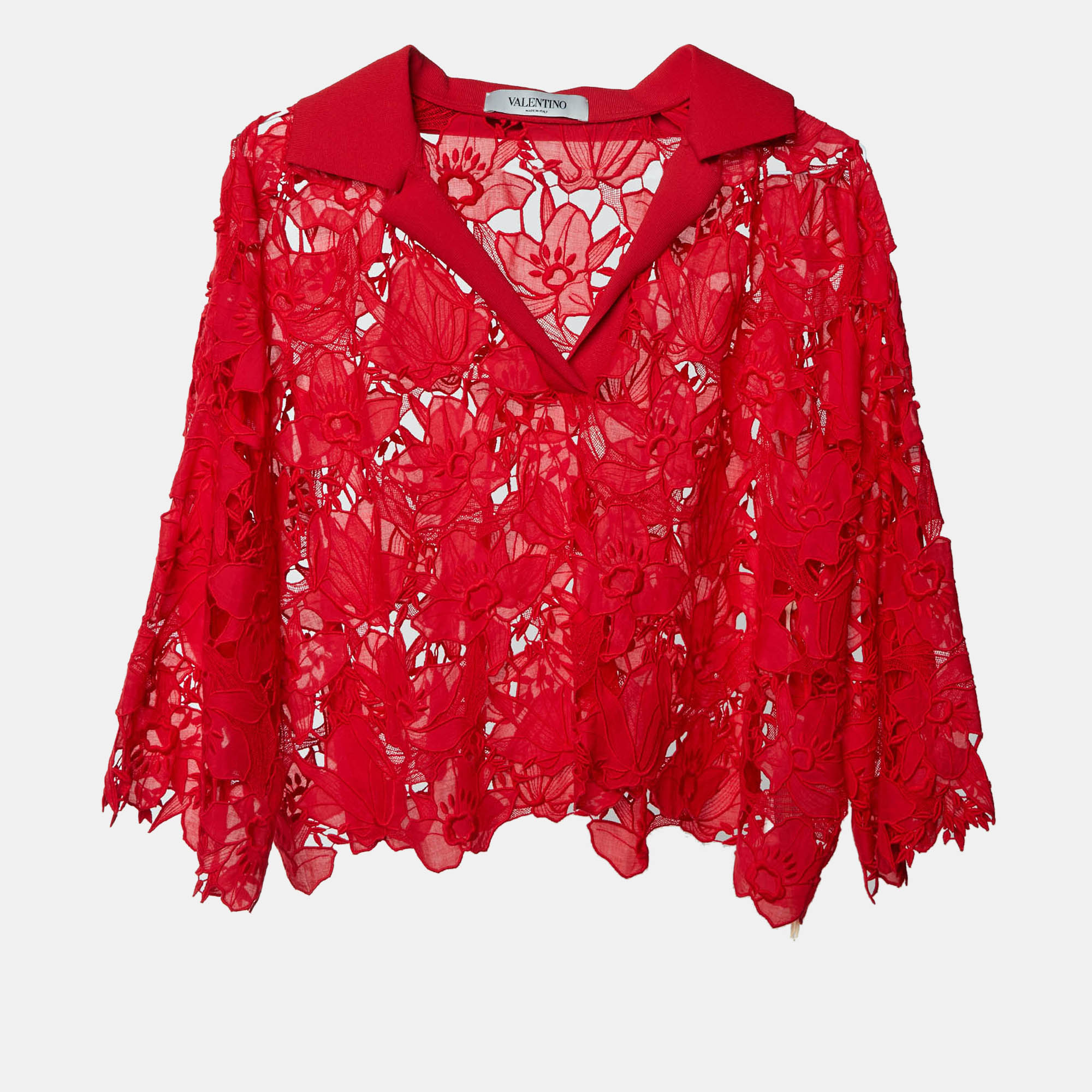 Valentino Red Floral Guipure Lace Relaxed Fit Top S