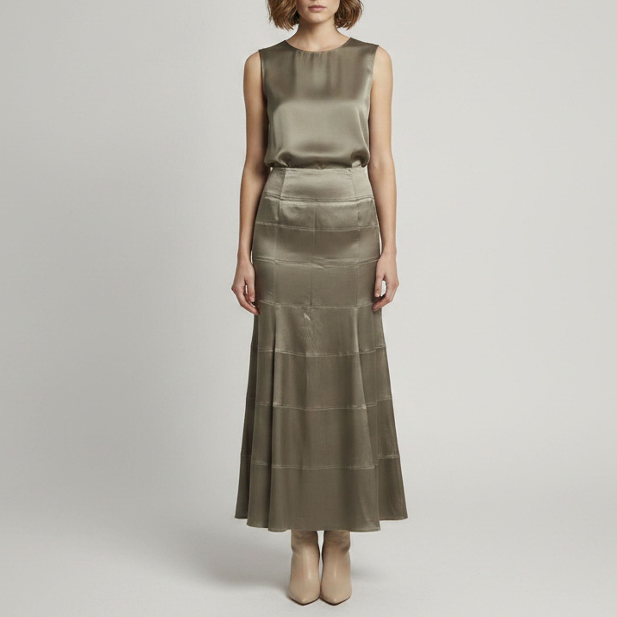 Emporio Armani Grey Satin Flared Maxi Skirt S