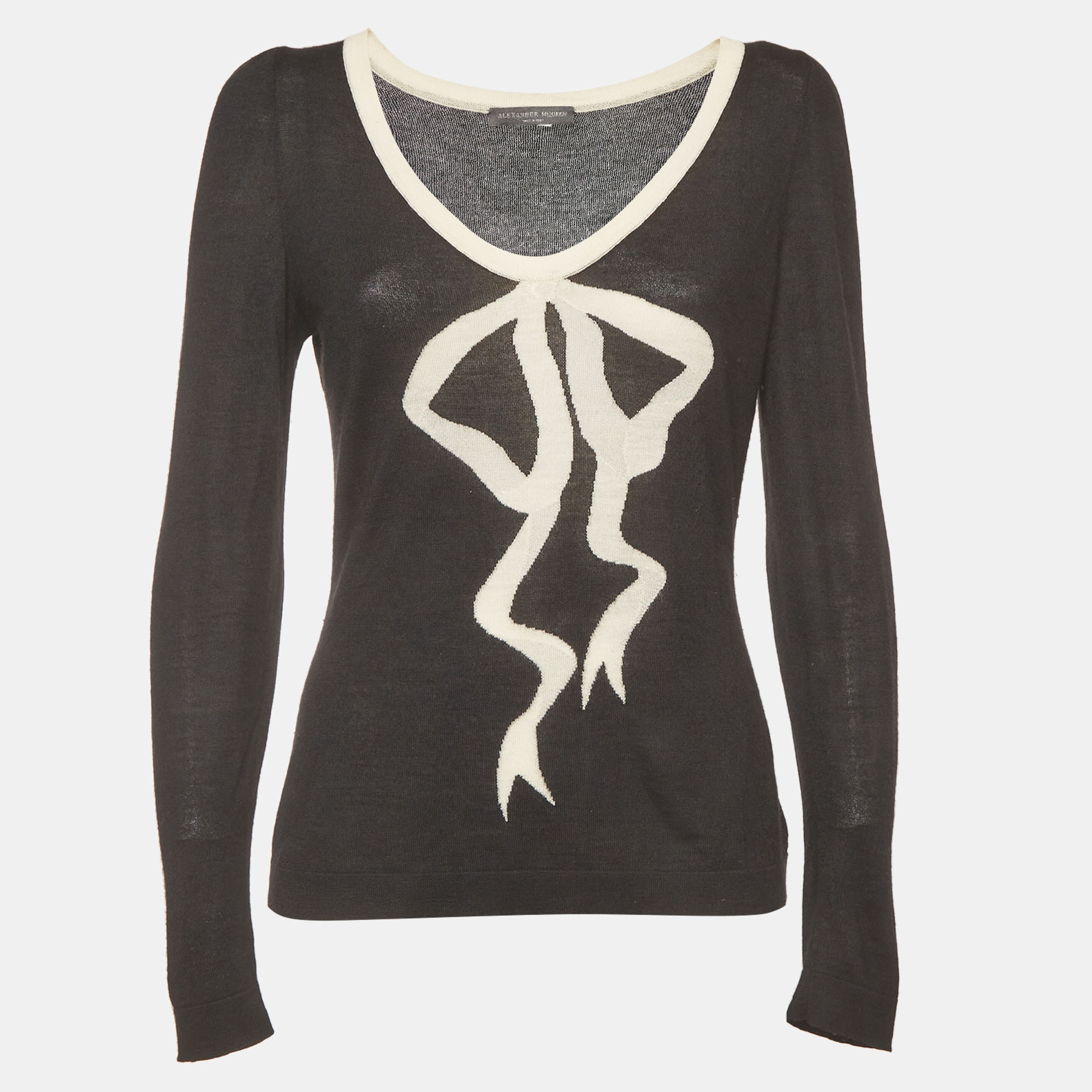 Alexander McQueen Black Bow Intarsia Knit V-Neck Jumper M