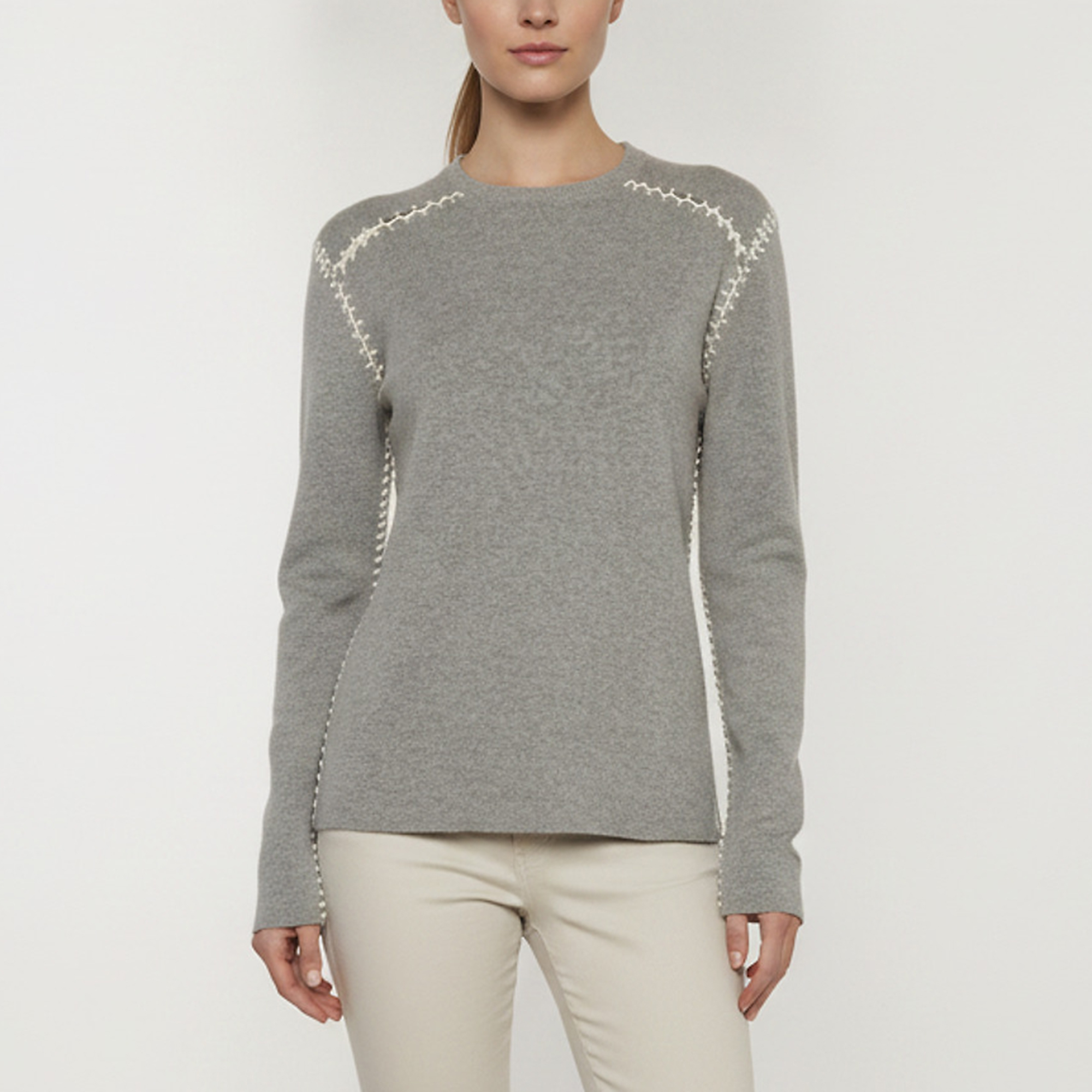 Chlo&eacute; Grey Cashmere Blend Knit Whipstitch Trim Pullover M Chloe