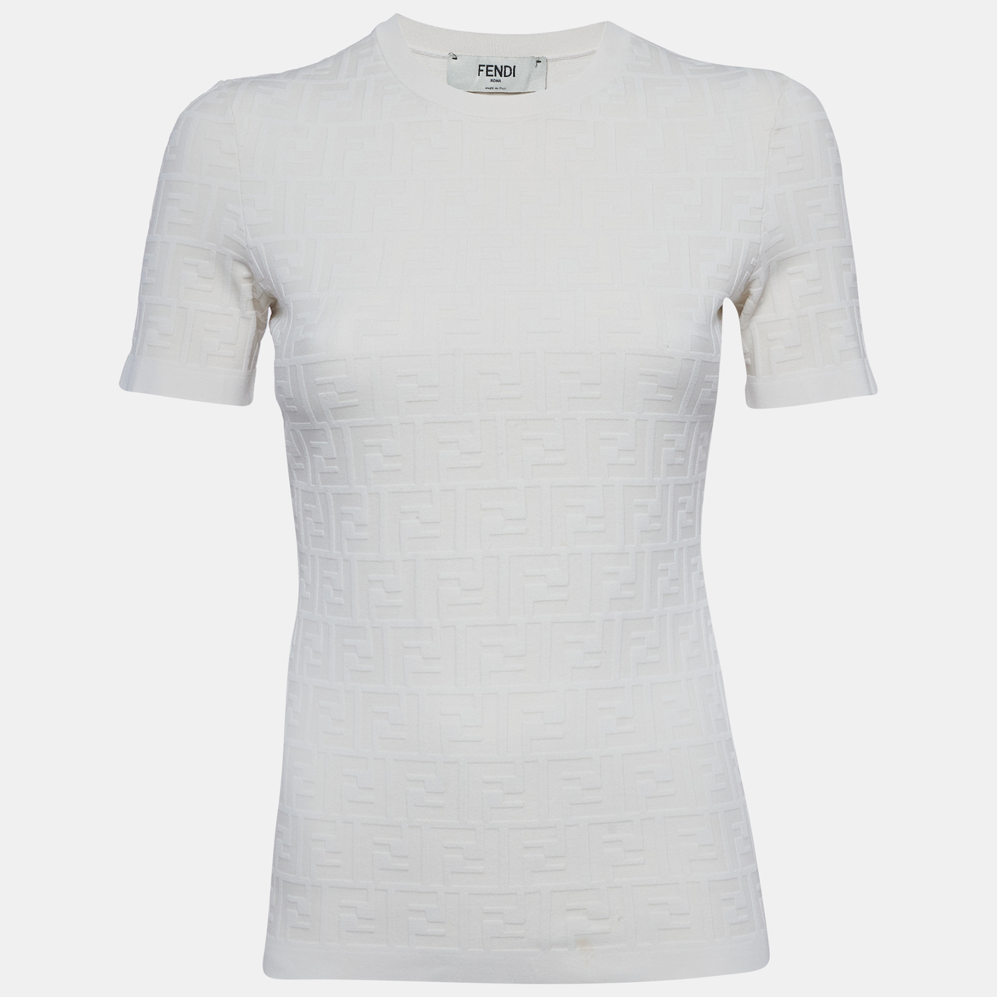 Fendi White Zucca Jacquard Knit Crewneck Pullover M