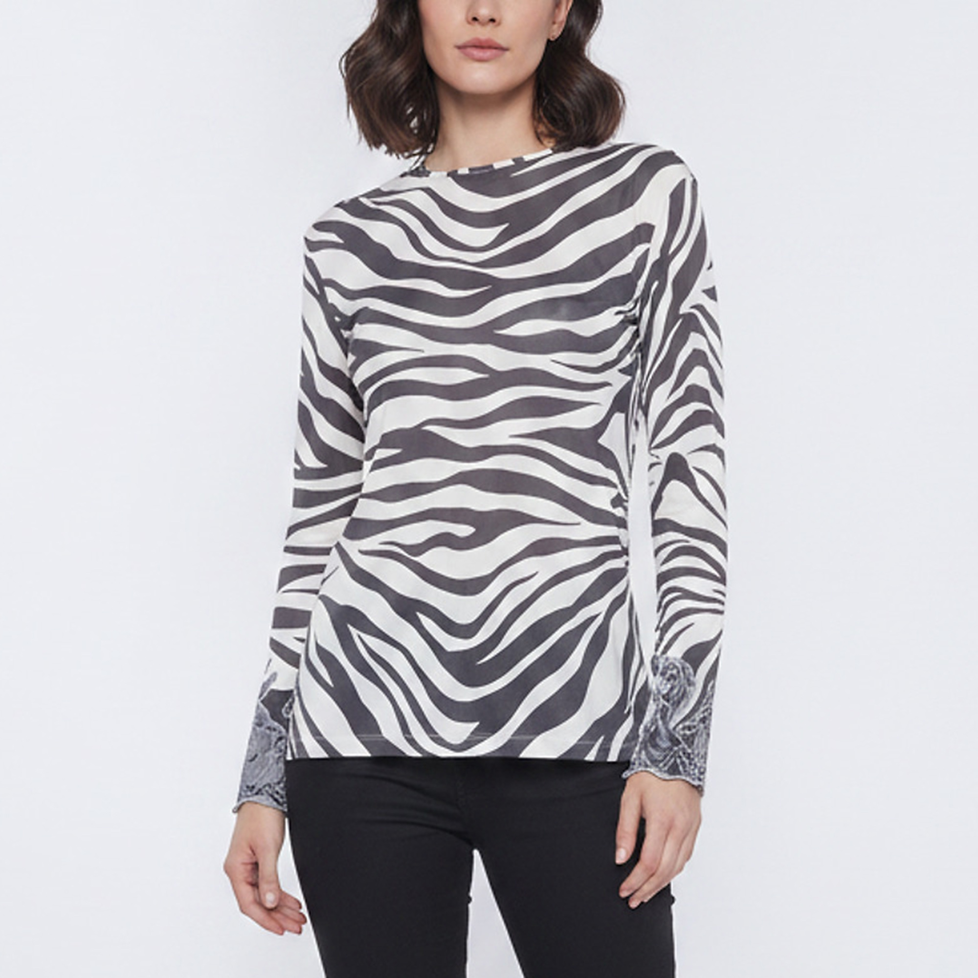 Chlo&eacute; Beige/Black Zebra Print Mesh Lace Trim Long Sleeve Top M Chloe