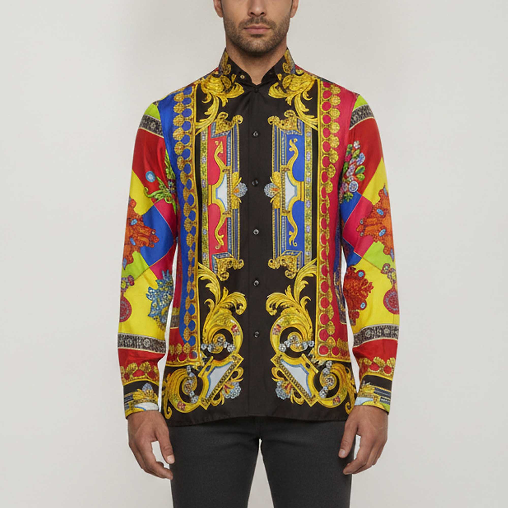 Versace Multicolor Baroque Print Silk Button Down Shirt M
