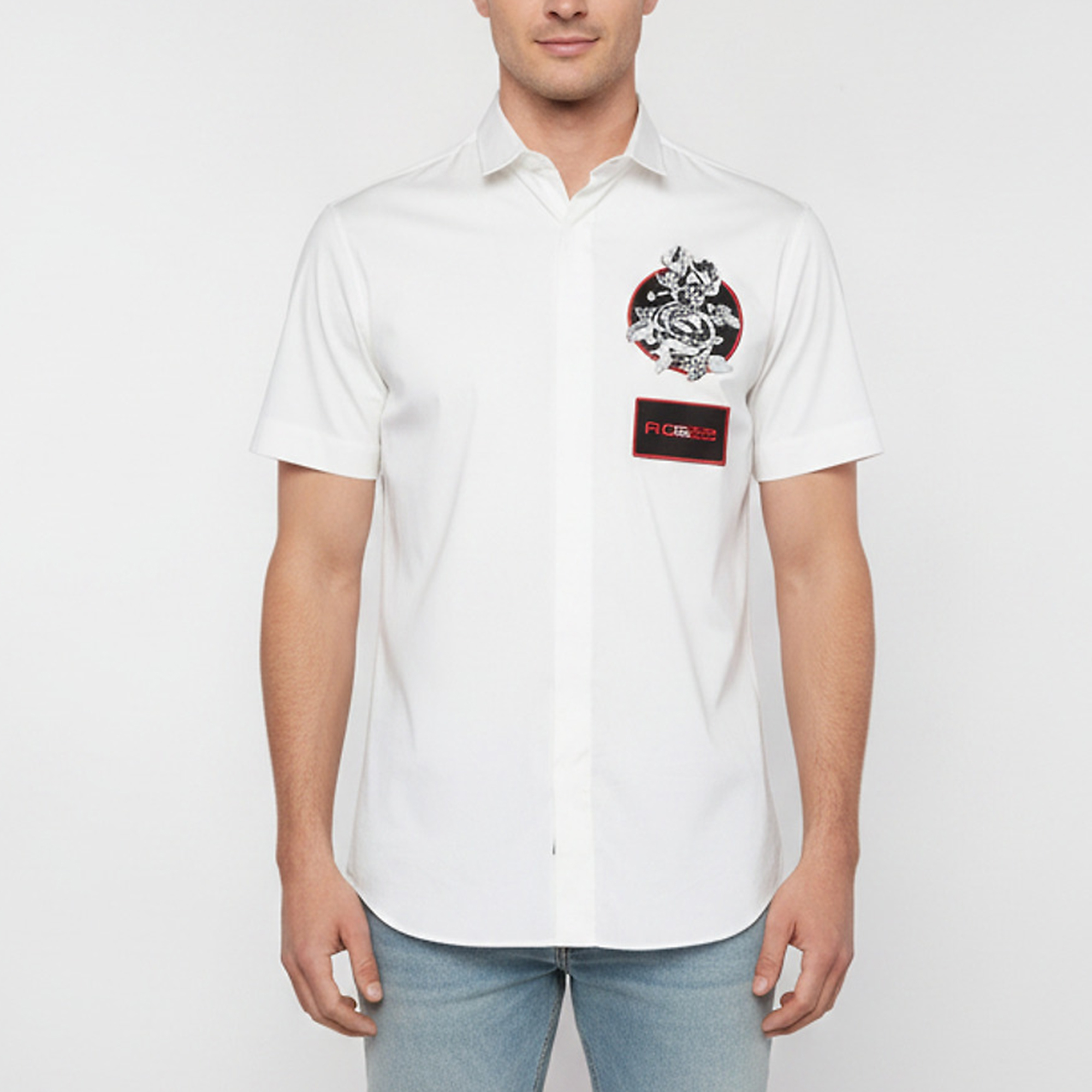 Christian Dior White Chest Applique Poplin Short Sleeve Shirt M