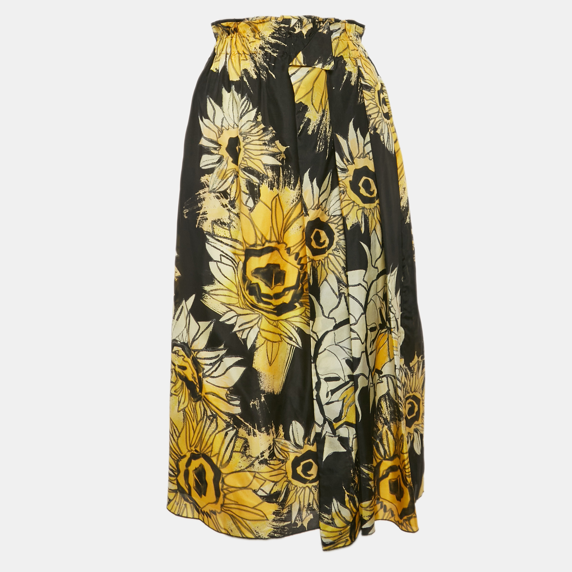 N&ordm;21 Black Sunflower Print Silk Ruffled Midi Skirt M N21