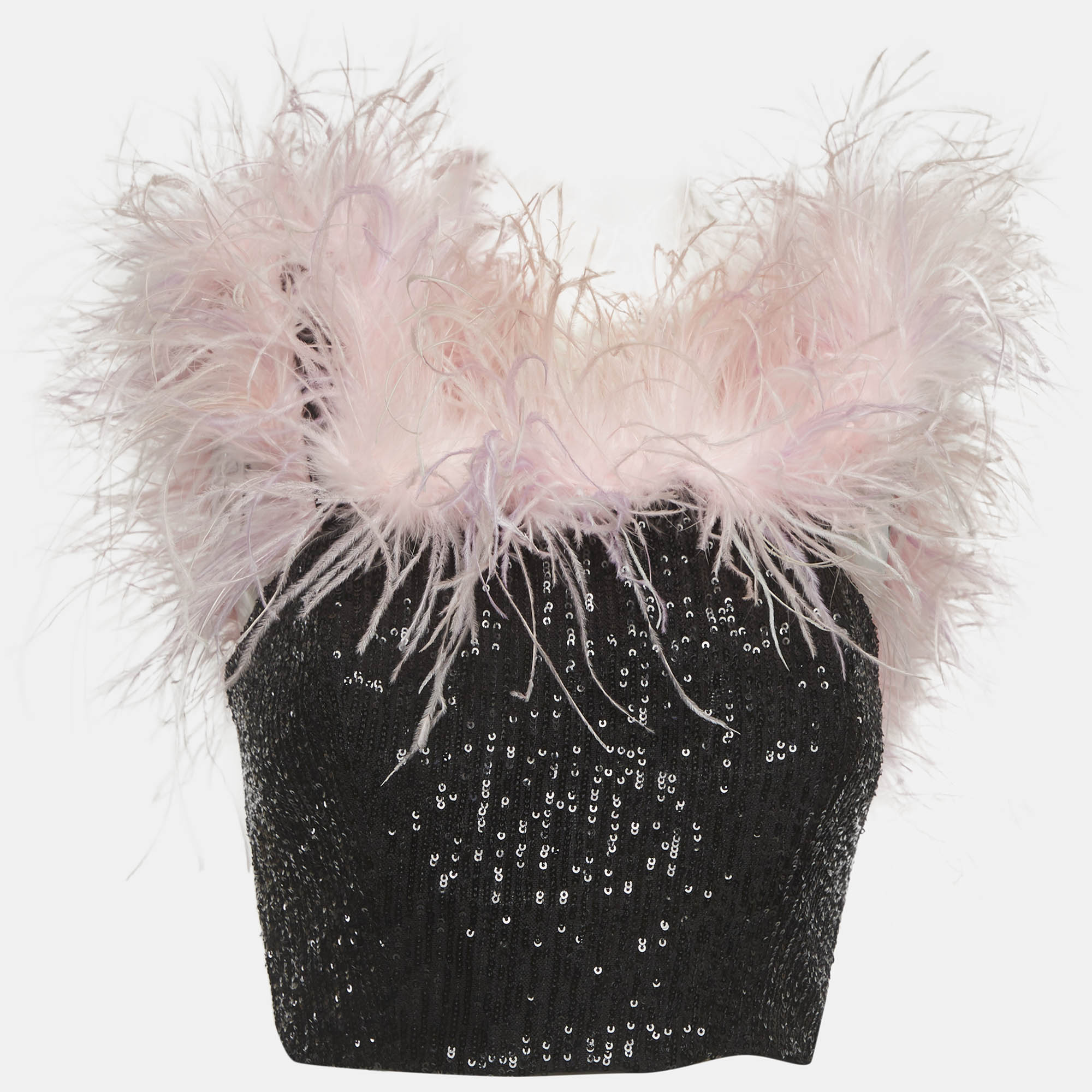 Self-Portrait Black Sequin Feather Off shoulder Crop Top S