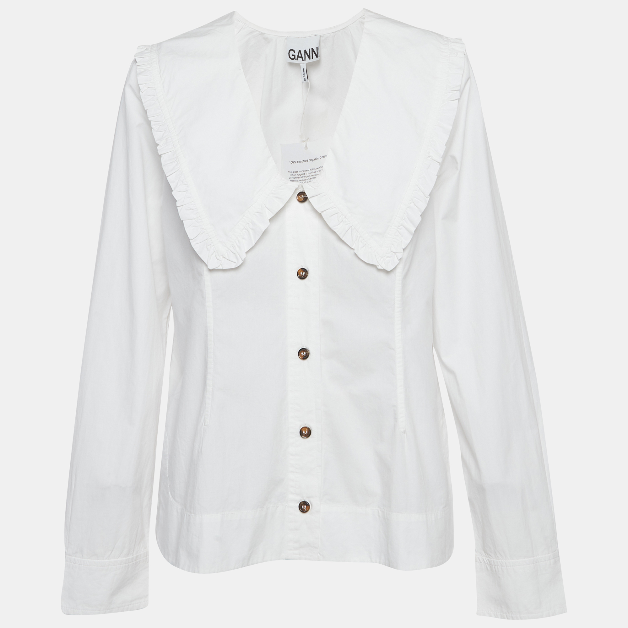 Ganni White Cotton Wide Ruffled Trim Collar Shirt S