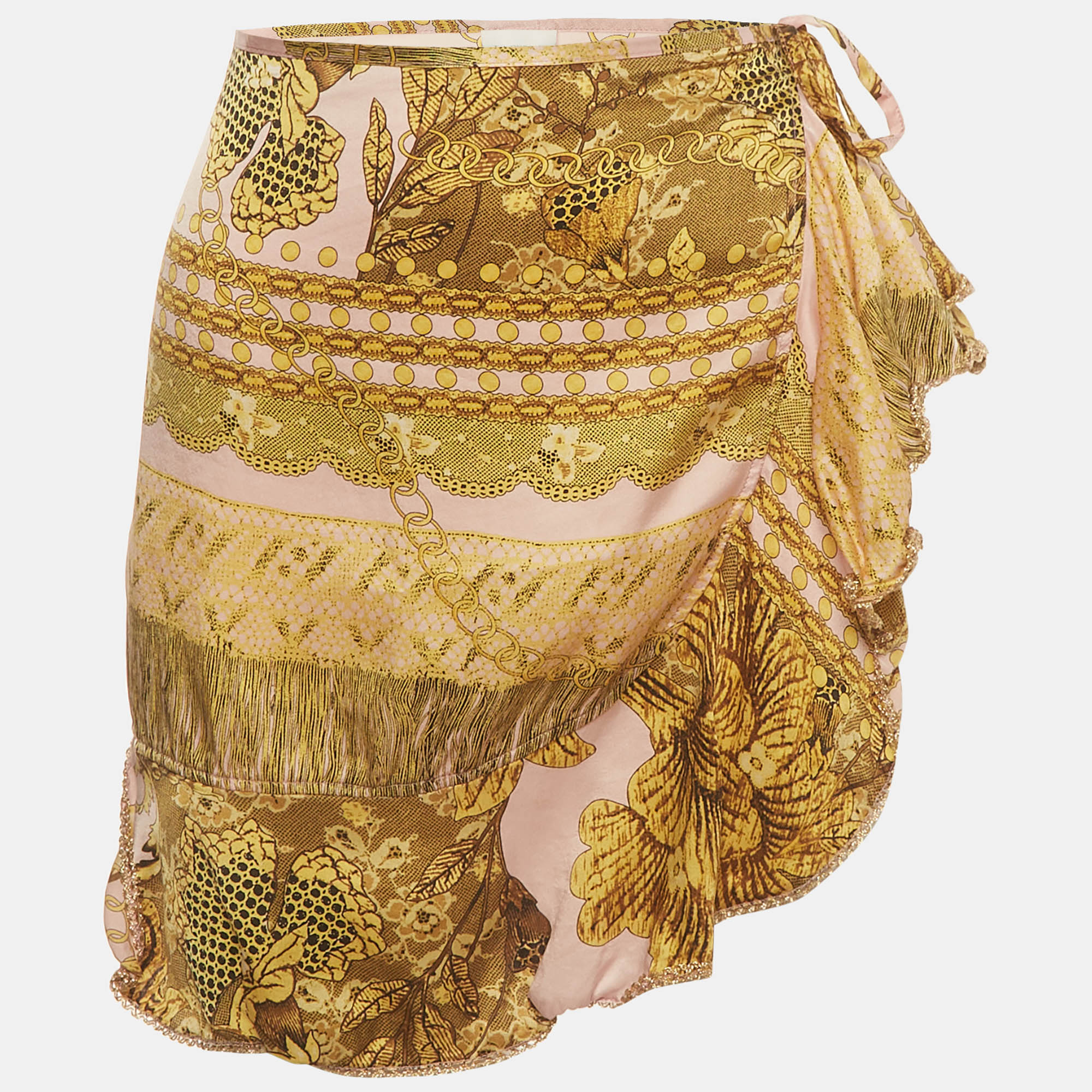 La Perla Pink/Gold Floral Print Silk Wrap Skirt M