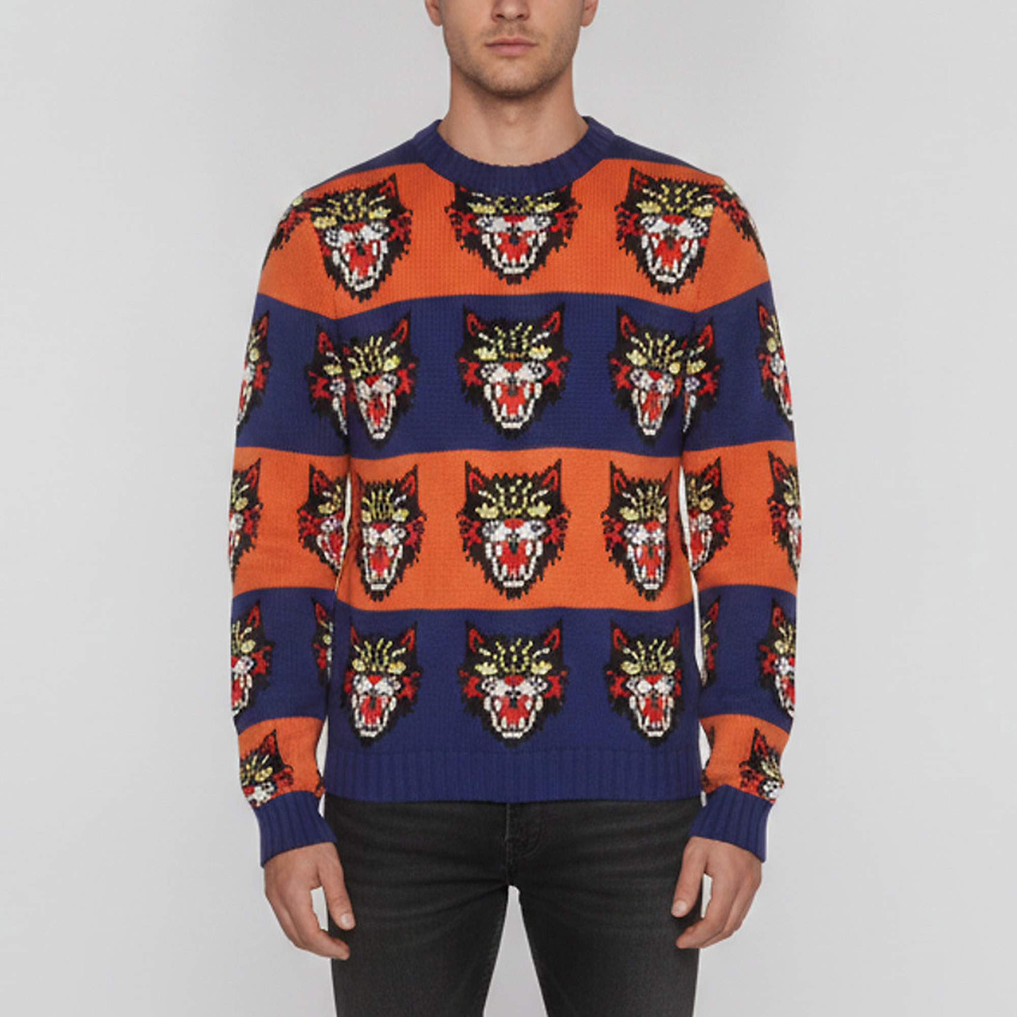 Gucci Multicolor Stripe Intarsia Knit Angry Cat Sweater XS