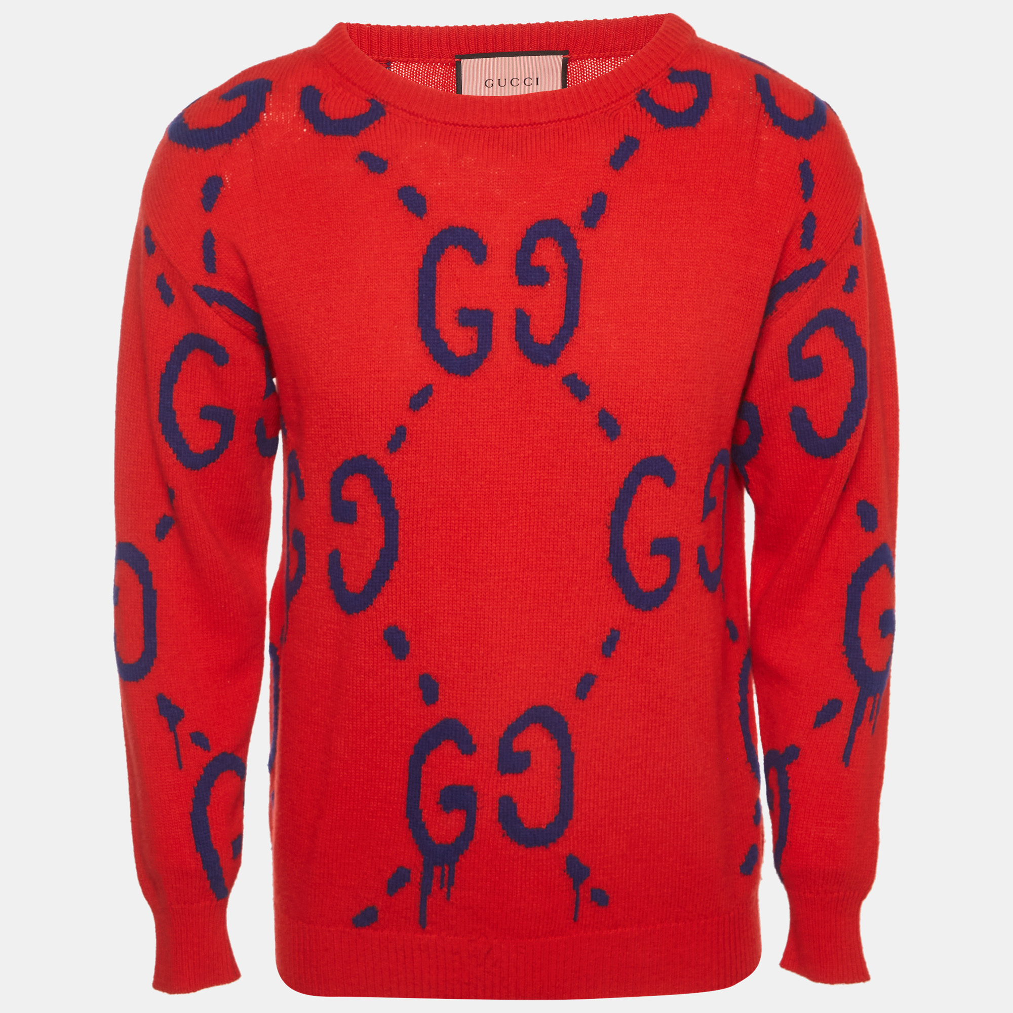 Gucci Red/Blue GG Monogram Knit Long Sleeve Jumper XS