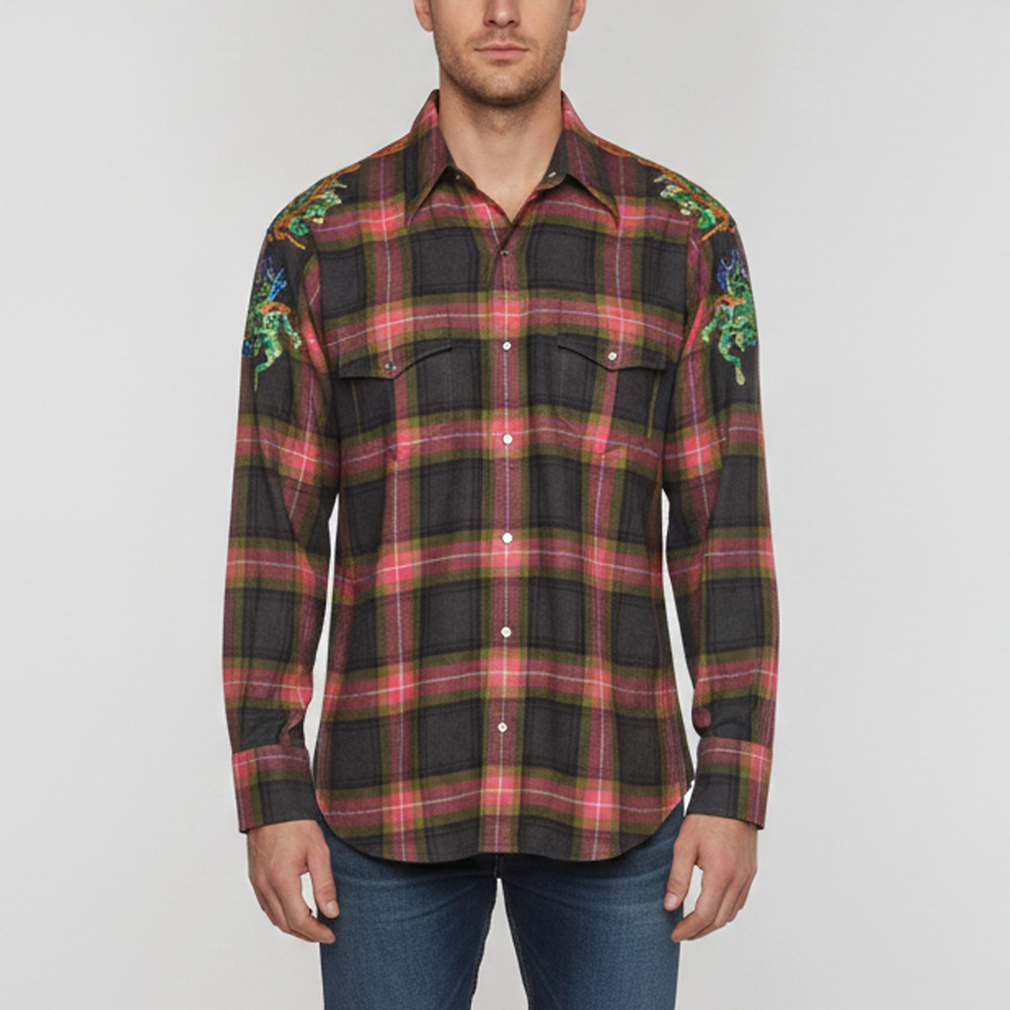 Gucci Multicolor Dragon Embroidered Plaid Wool Flannel Shirt S