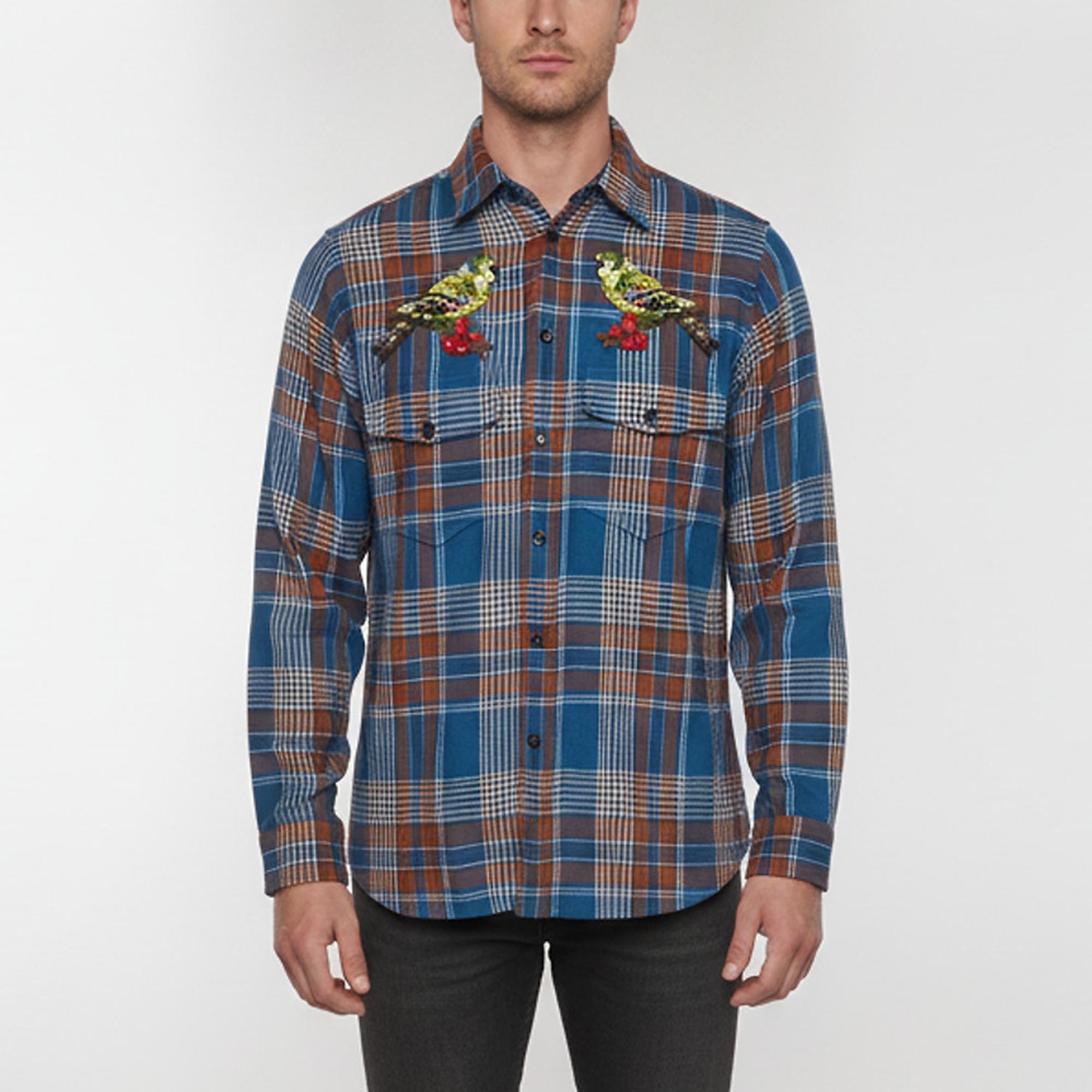 Gucci Blue Bird Embroidery Plaid Wool Blend Flannel Shirt XS