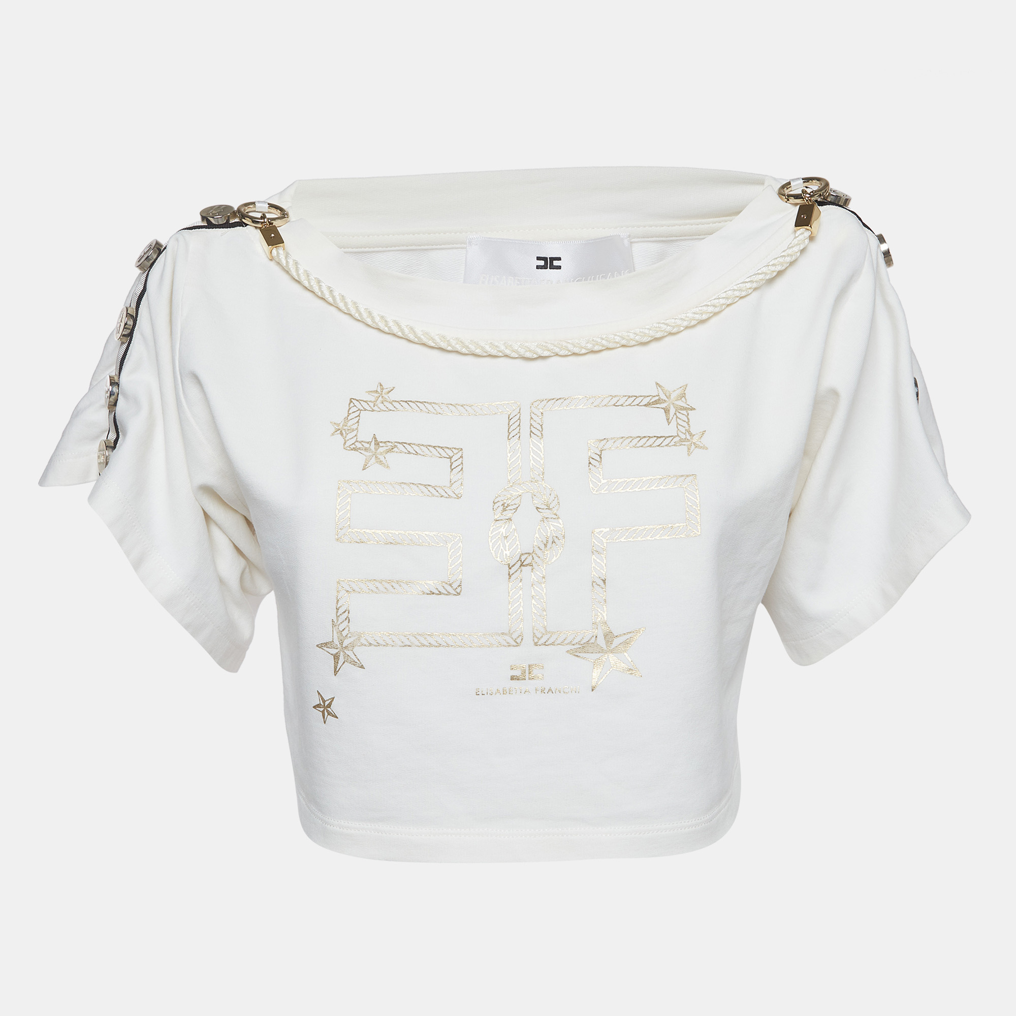 Elisabetta Franchi White Rope Chain Embellished Jersey Crop Top S